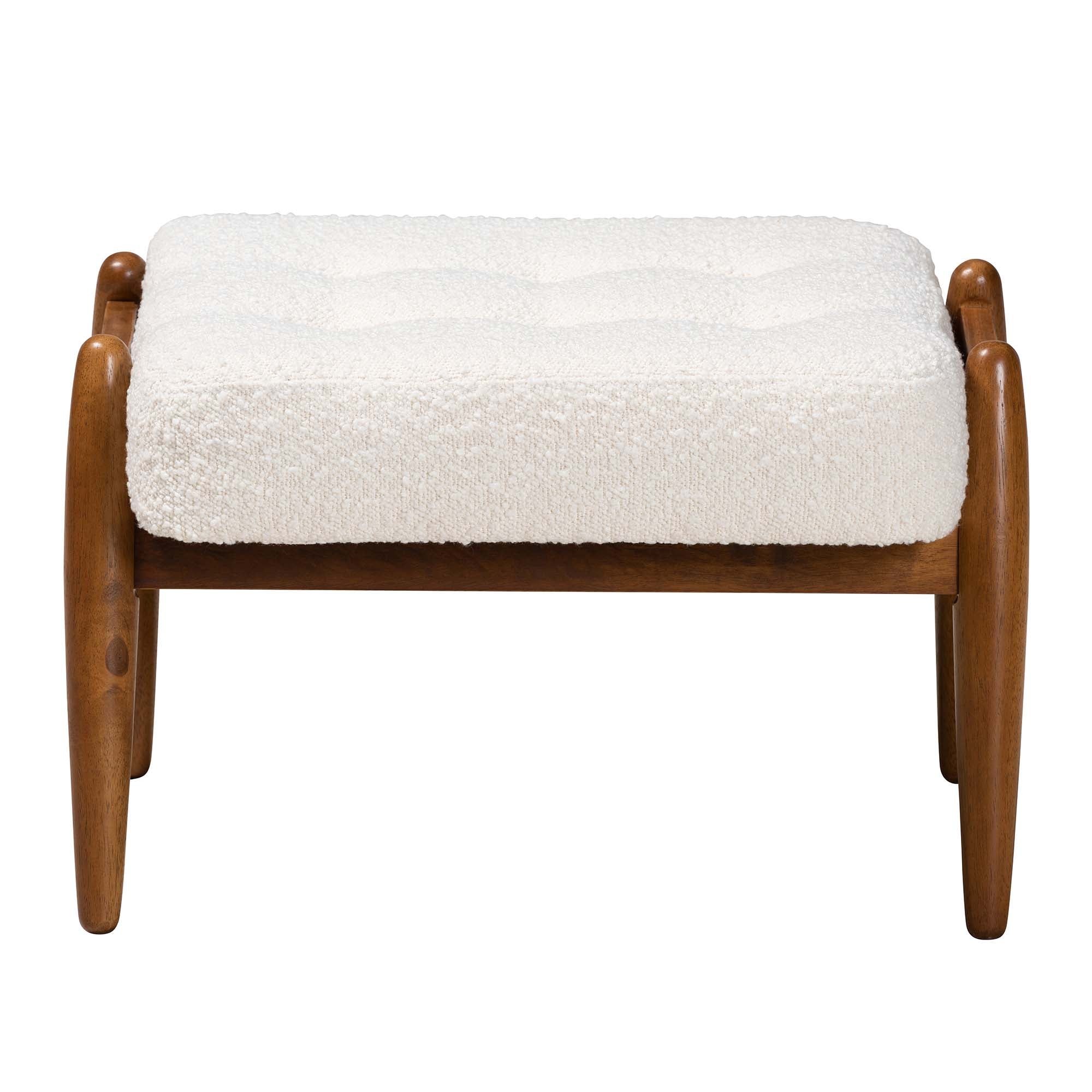 Jeanine Japandi Cream Boucle Fabric and Walnut Brown Finished Rubberwood Ottoman Footstool