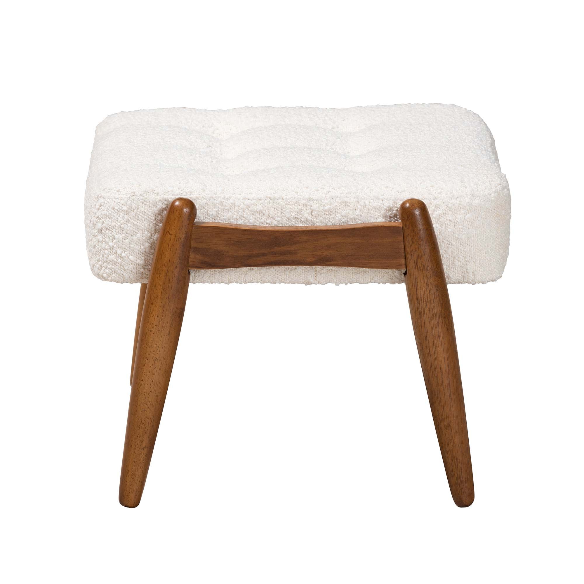 Jeanine Japandi Cream Boucle Fabric and Walnut Brown Finished Rubberwood Ottoman Footstool