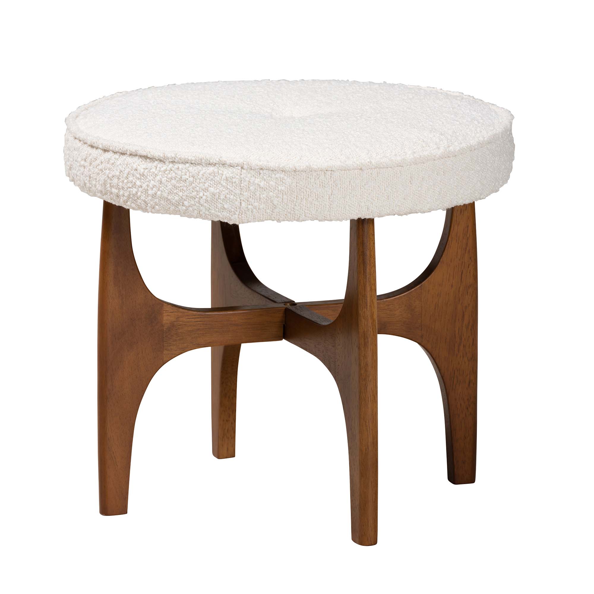 Theo Japandi Cream Boucle Fabric and Walnut Brown Finished Rubberwood Ottoman Footstool