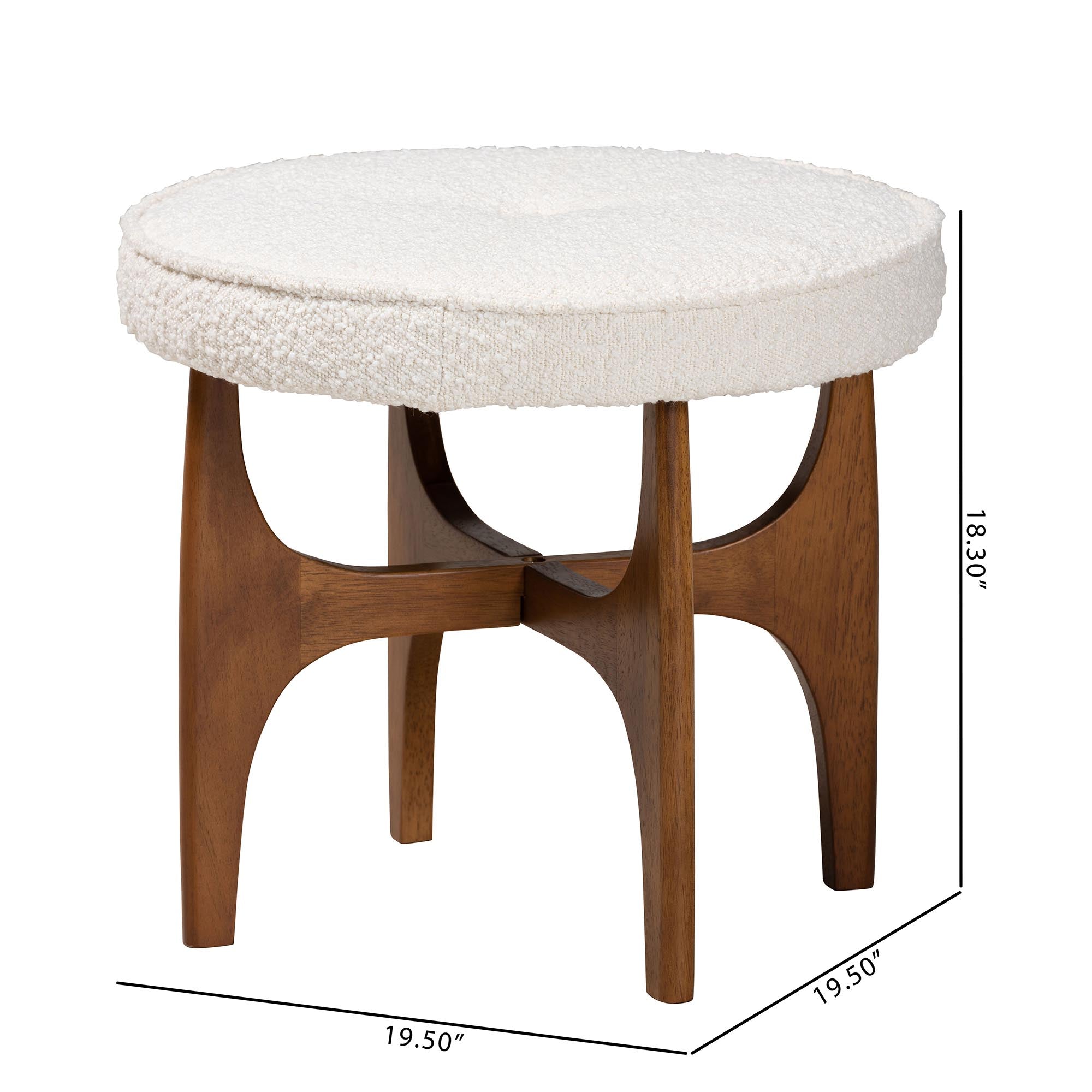 Theo Japandi Cream Boucle Fabric and Walnut Brown Finished Rubberwood Ottoman Footstool