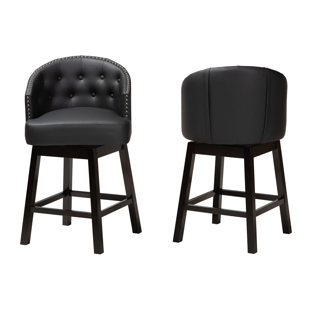 Theron Mid-Century Transitional Black Faux Leather and Espresso Brown Finished Wood 2-Piece Swivel Counter Stool Set