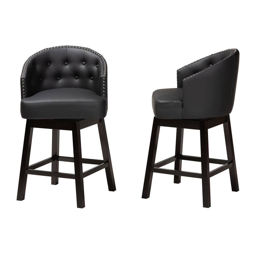 Theron Mid-Century Transitional Black Faux Leather and Espresso Brown Finished Wood 2-Piece Swivel Counter Stool Set