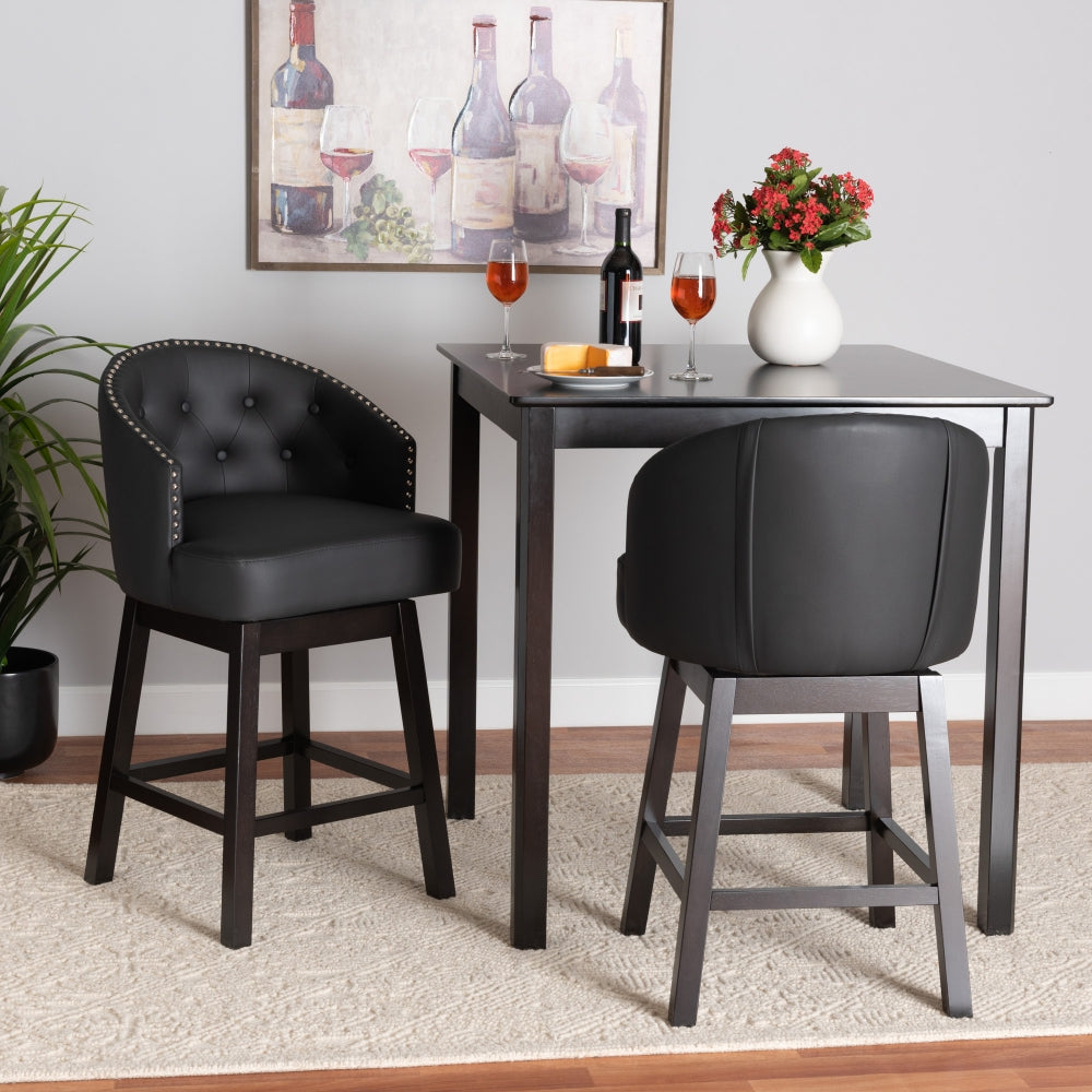 Theron Mid-Century Transitional Black Faux Leather and Espresso Brown Finished Wood 2-Piece Swivel Counter Stool Set
