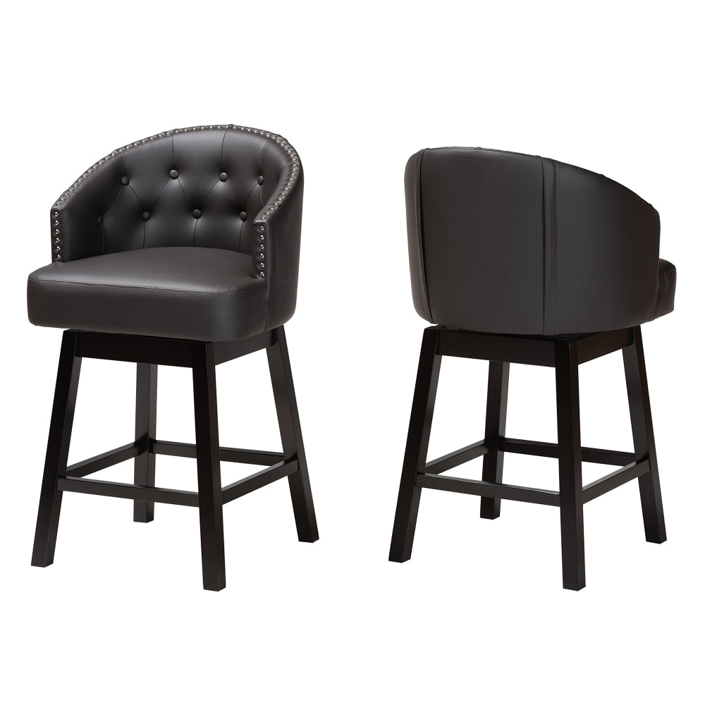 Theron Mid-Century Transitional Dark Brown Faux Leather and Espresso Brown Finished Wood 2-Piece Swivel Counter Stool Set