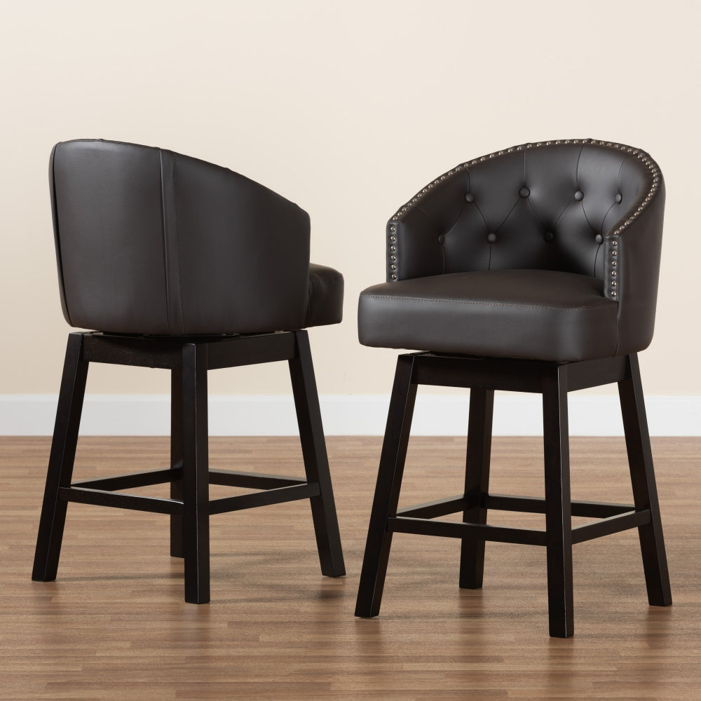 Theron Mid-Century Transitional Dark Brown Faux Leather and Espresso Brown Finished Wood 2-Piece Swivel Counter Stool Set