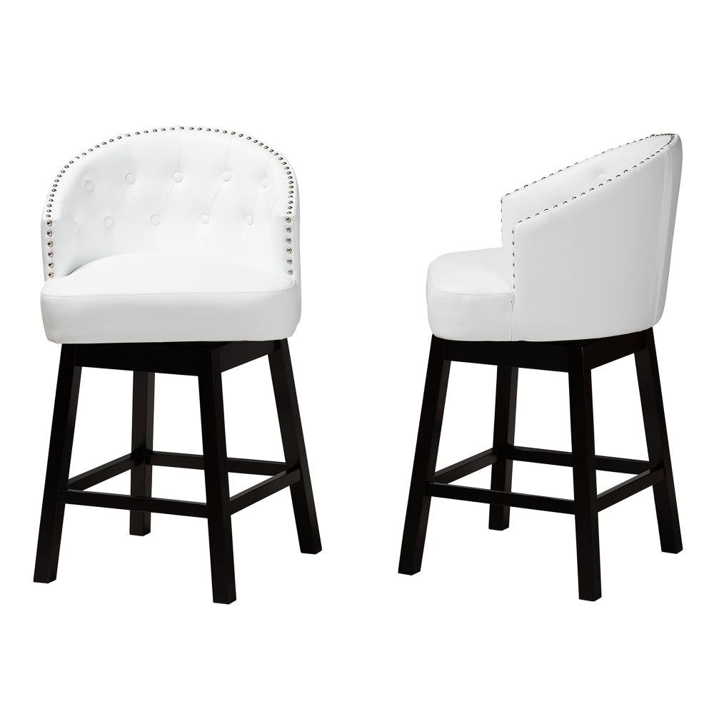 Theron Mid-Century Transitional White Faux Leather and Espresso Brown Finished Wood 2-Piece Swivel Counter Stool Set
