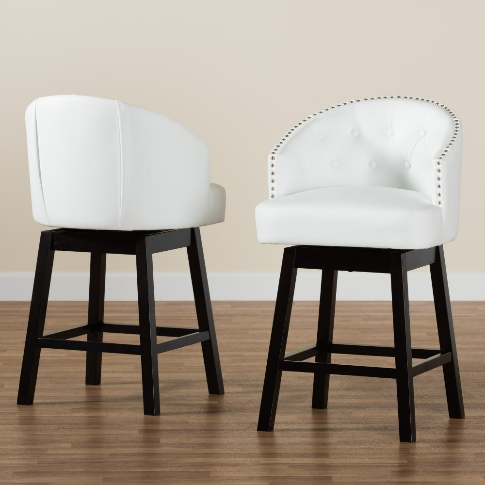 Theron Mid-Century Transitional White Faux Leather and Espresso Brown Finished Wood 2-Piece Swivel Counter Stool Set