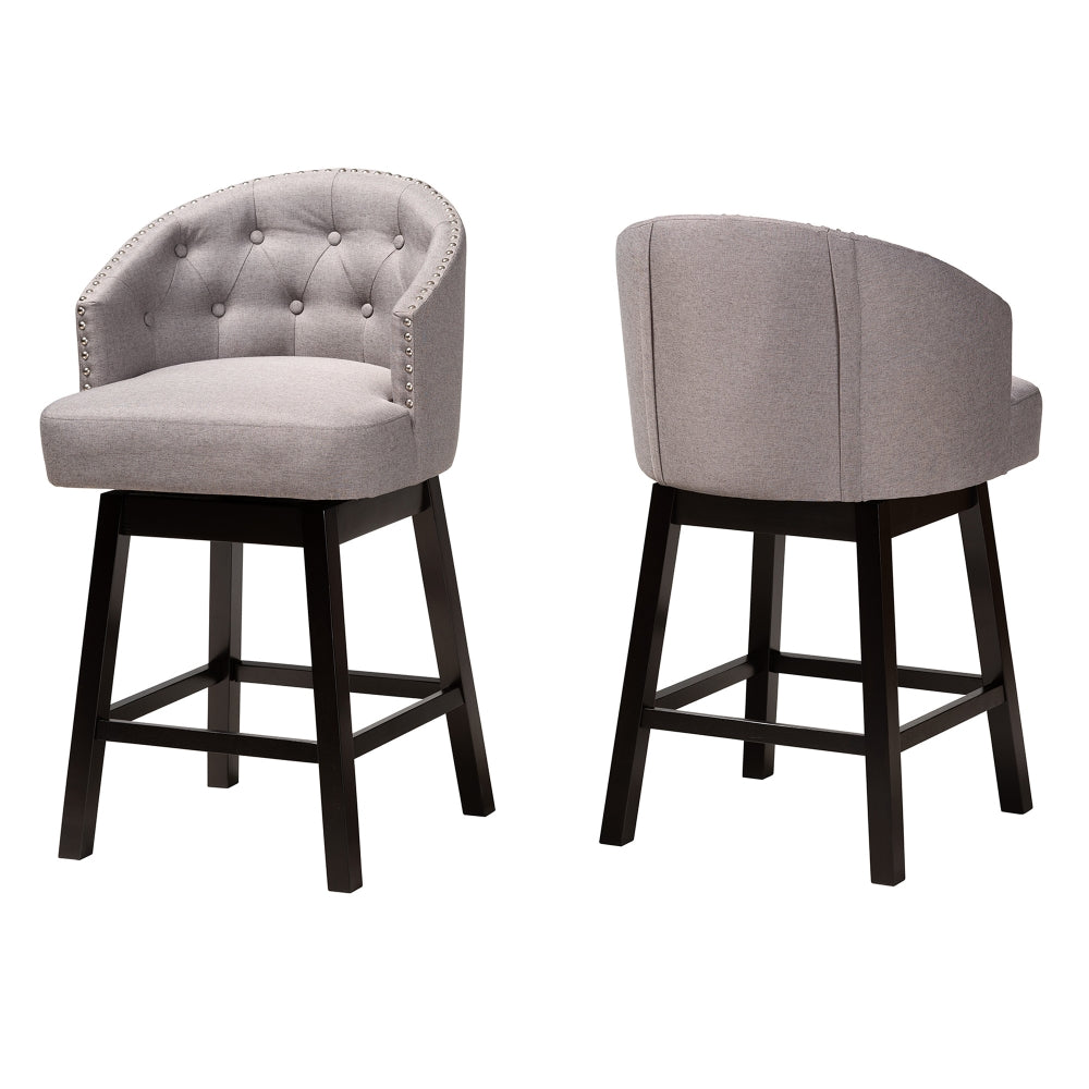 Theron Mid-Century Transitional Grey Fabric and Espresso Brown Finished Wood 2-Piece Swivel Counter Stool Set
