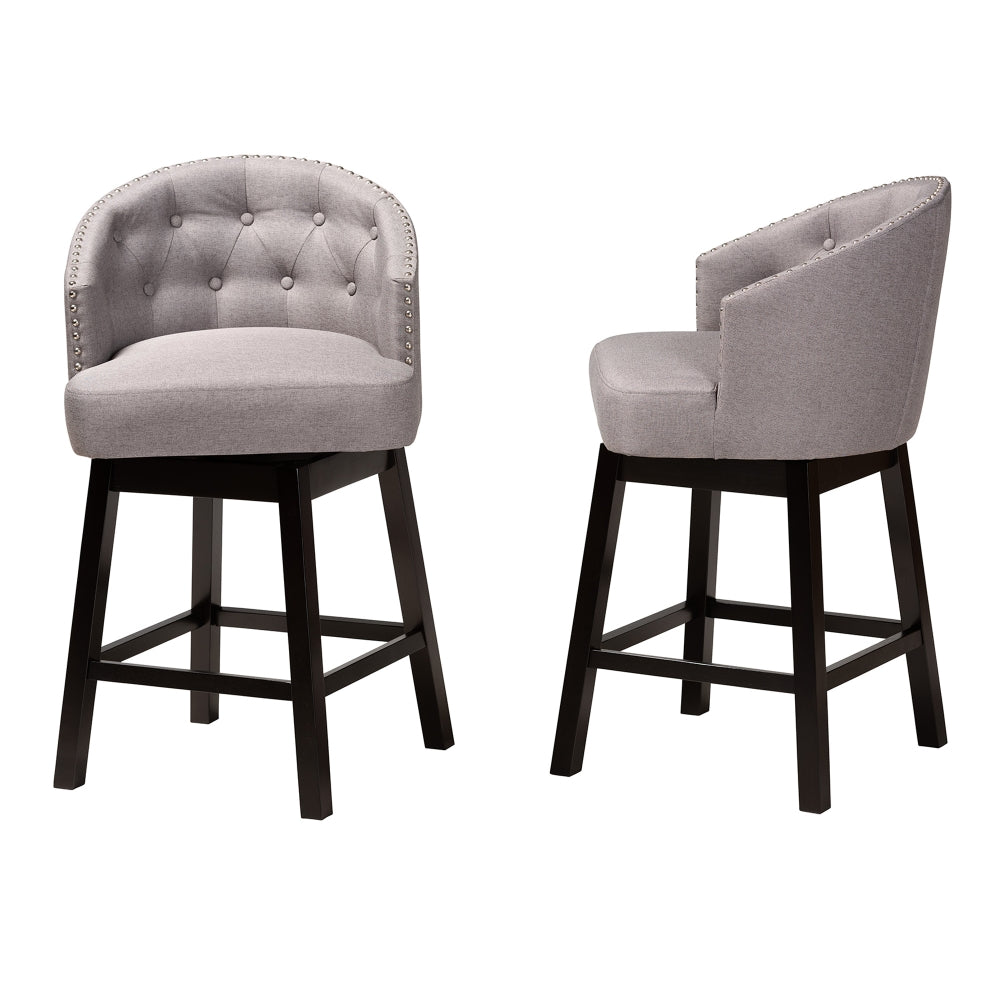 Theron Mid-Century Transitional Grey Fabric and Espresso Brown Finished Wood 2-Piece Swivel Counter Stool Set