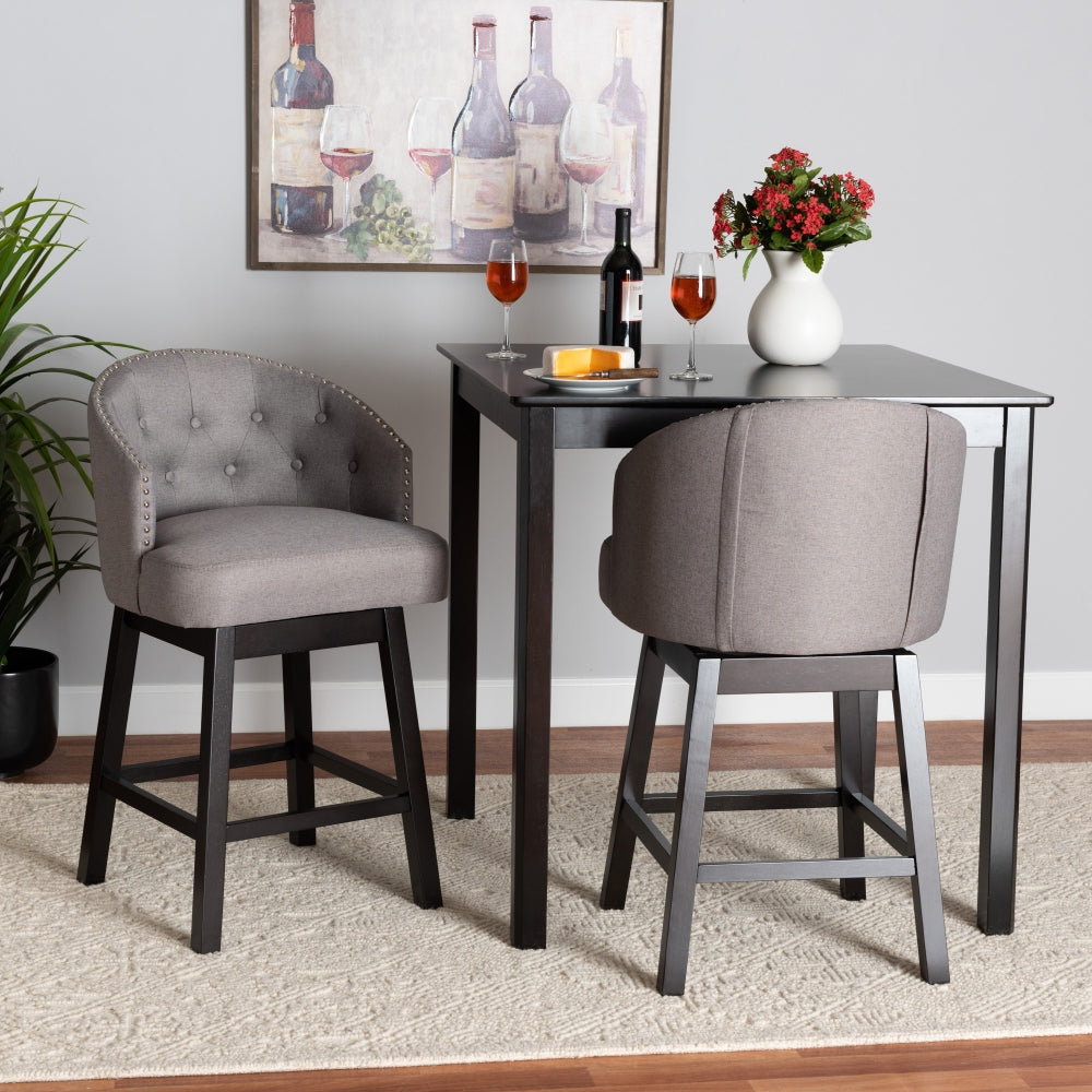 Theron Mid-Century Transitional Grey Fabric and Espresso Brown Finished Wood 2-Piece Swivel Counter Stool Set