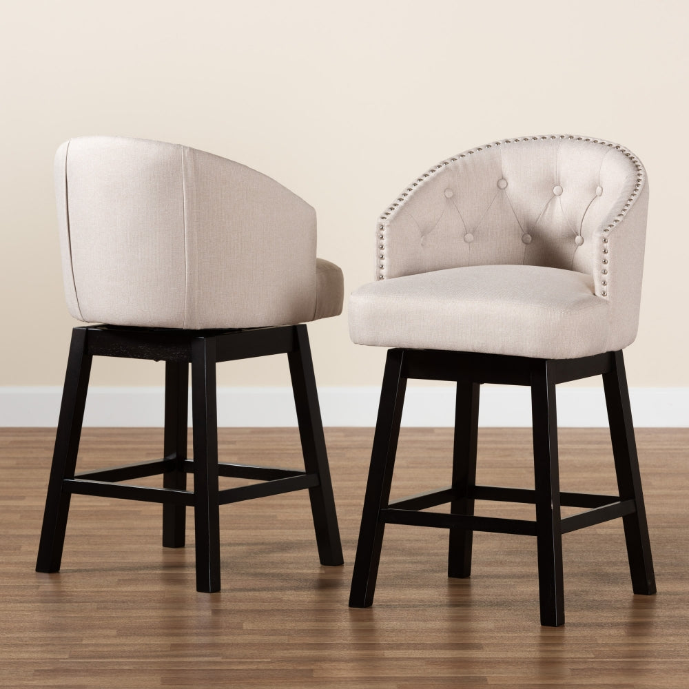 Theron Mid-Century Transitional Light Beige Fabric and Espresso Brown Finished Wood 2-Piece Swivel Counter Stool Set