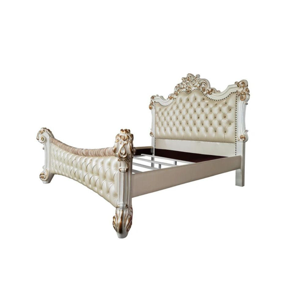Indresh Vendome Queen Antique Pearl Synthetic Leather Bed – Baroque Style Carved Accents