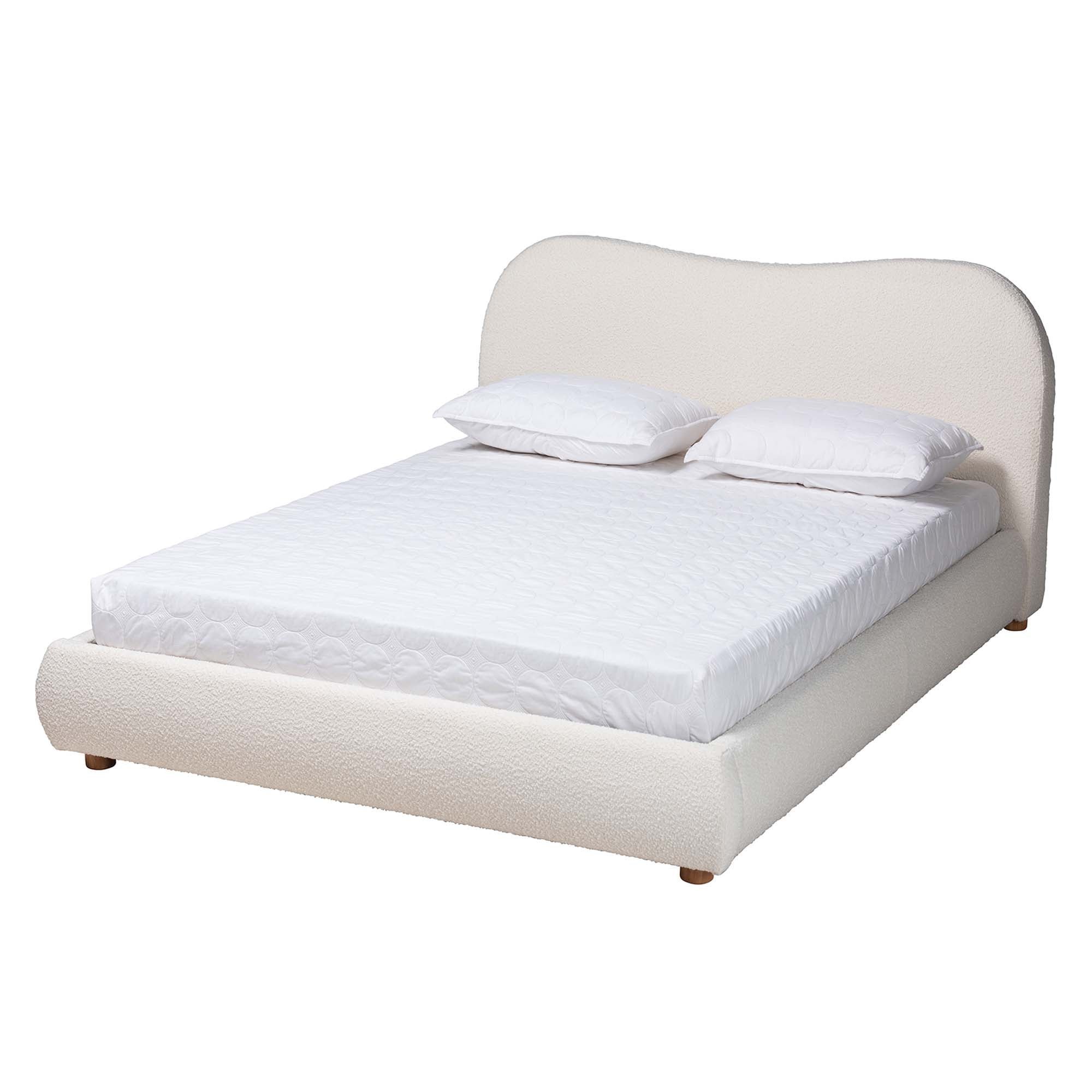 Tiffany Queen Boucle Fabric Platform Bed – Mid-Century Oak Wood Frame with Tapered Headboard