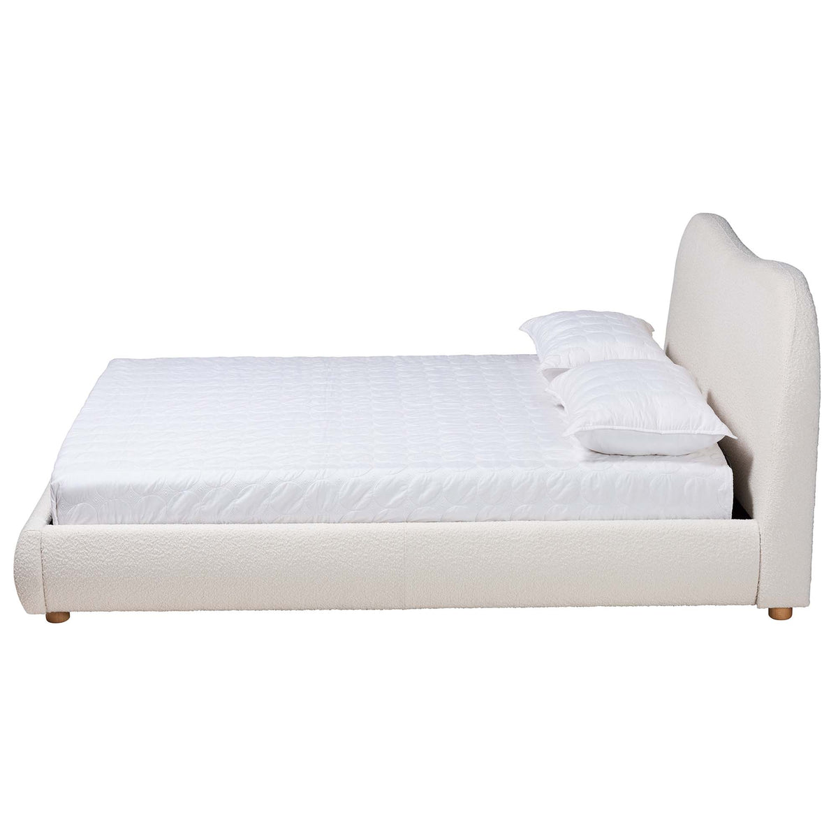 Tiffany Queen Boucle Fabric Platform Bed Mid-Century Oak Wood Frame with Tapered Headboard