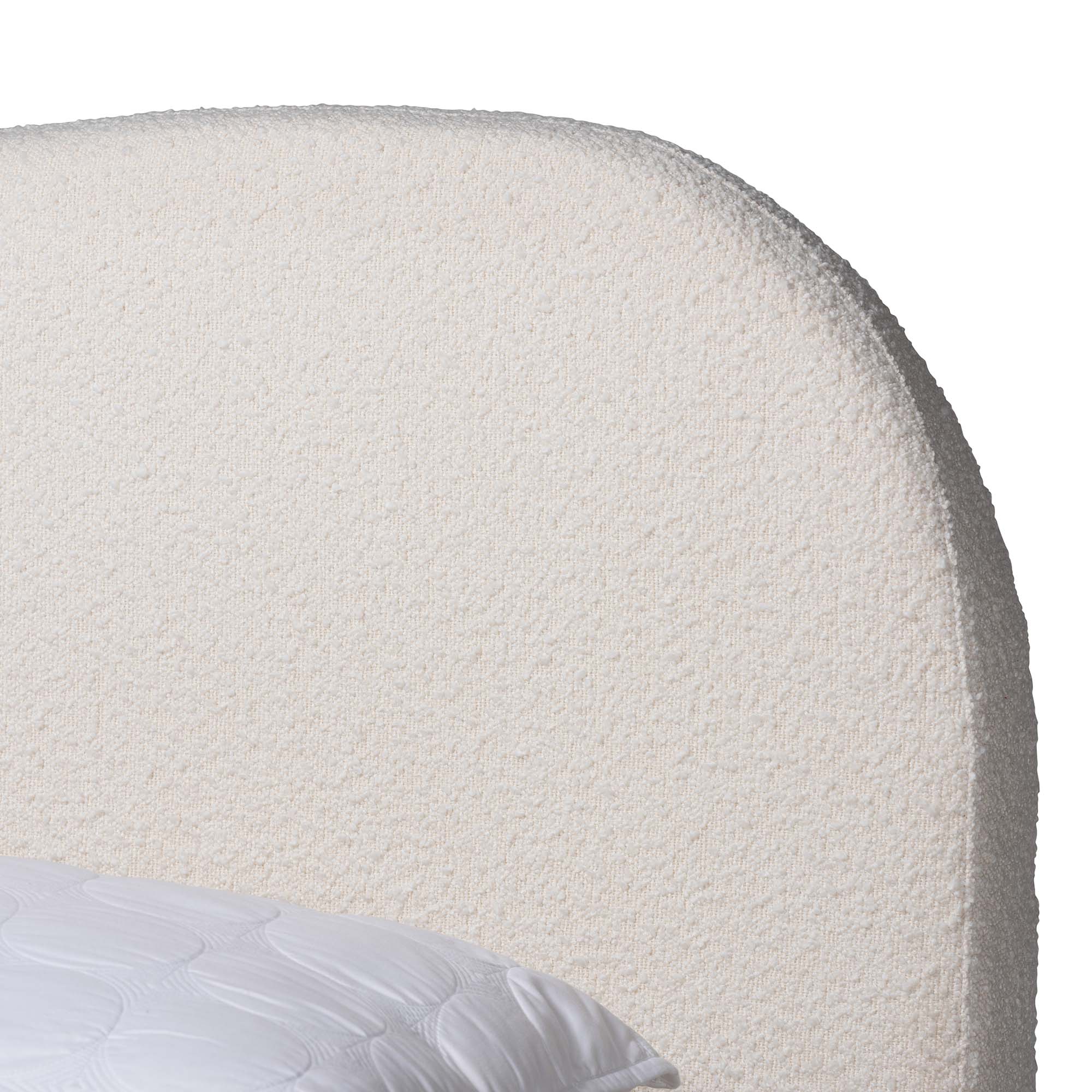 Tiffany Queen Boucle Fabric Platform Bed – Mid-Century Oak Wood Frame with Tapered Headboard