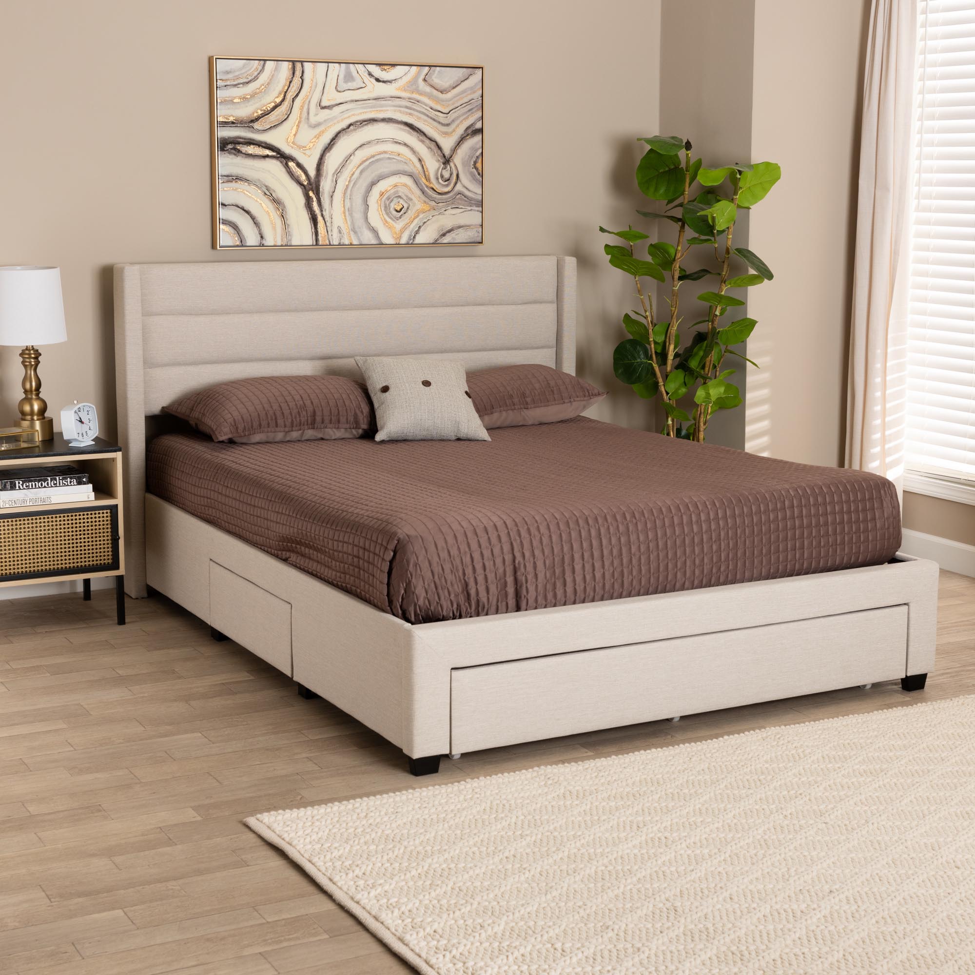 Britannia Queen Mid-Century Storage Platform Bed – Beige Fabric 3-Drawer Frame