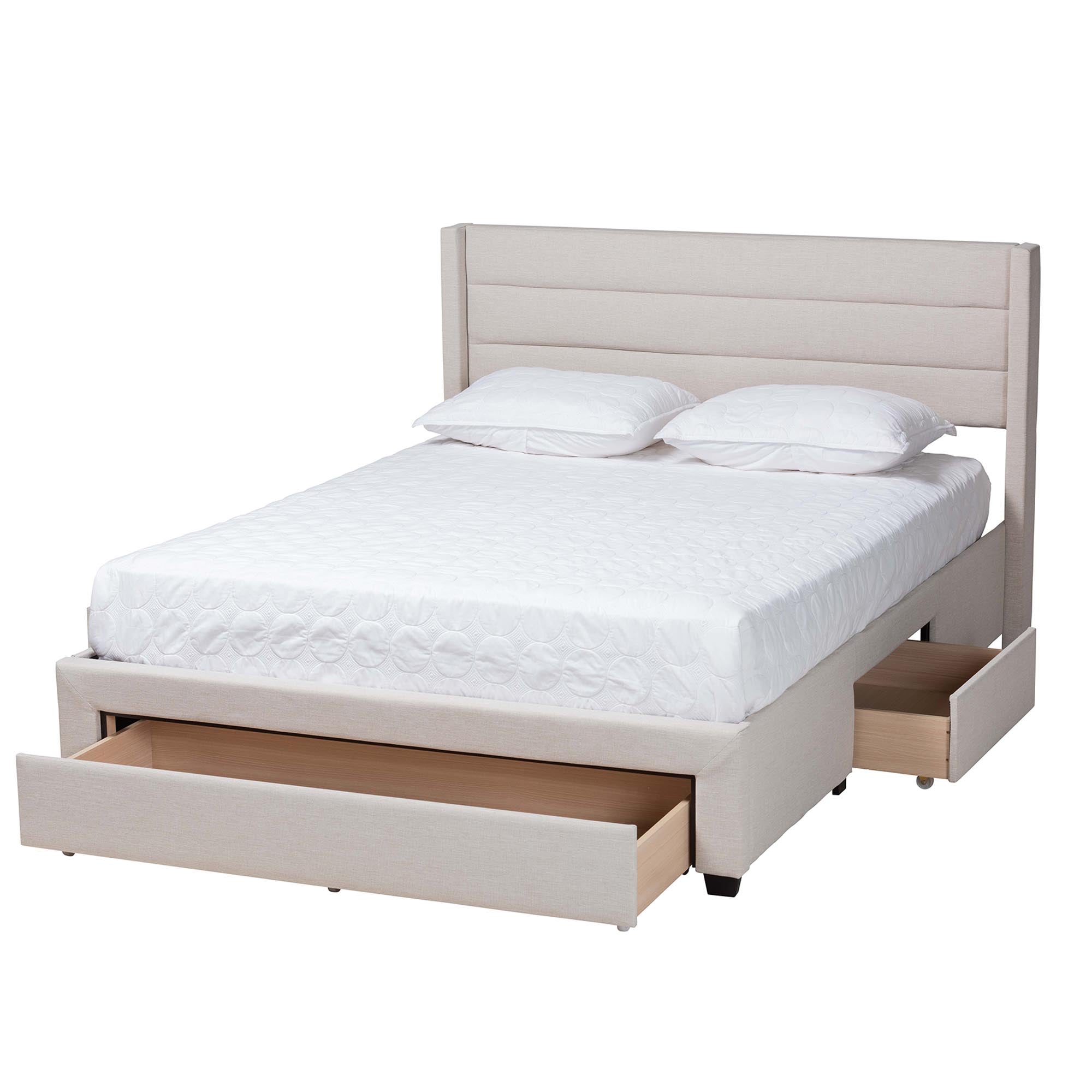 Britannia Queen Mid-Century Storage Platform Bed – Beige Fabric 3-Drawer Frame