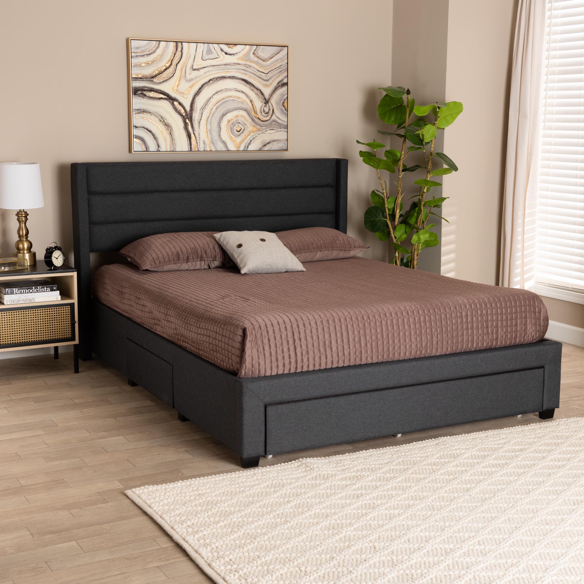 Braylon Mid-Century Modern Transitional Charcoal Grey Fabric and Dark Brown Finished Wood Queen Size 3-Drawer Storage Platform Bed