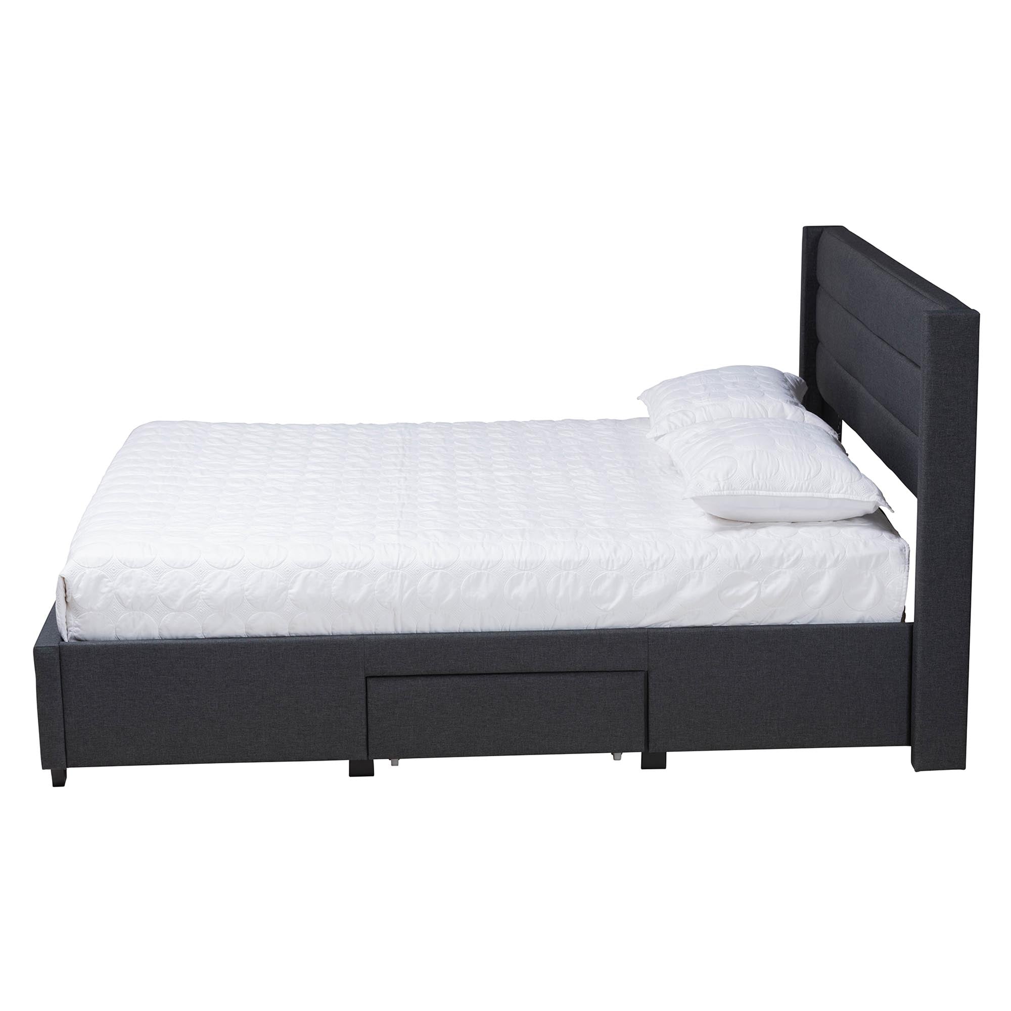 Braylon Mid-Century Modern Transitional Charcoal Grey Fabric and Dark Brown Finished Wood Queen Size 3-Drawer Storage Platform Bed