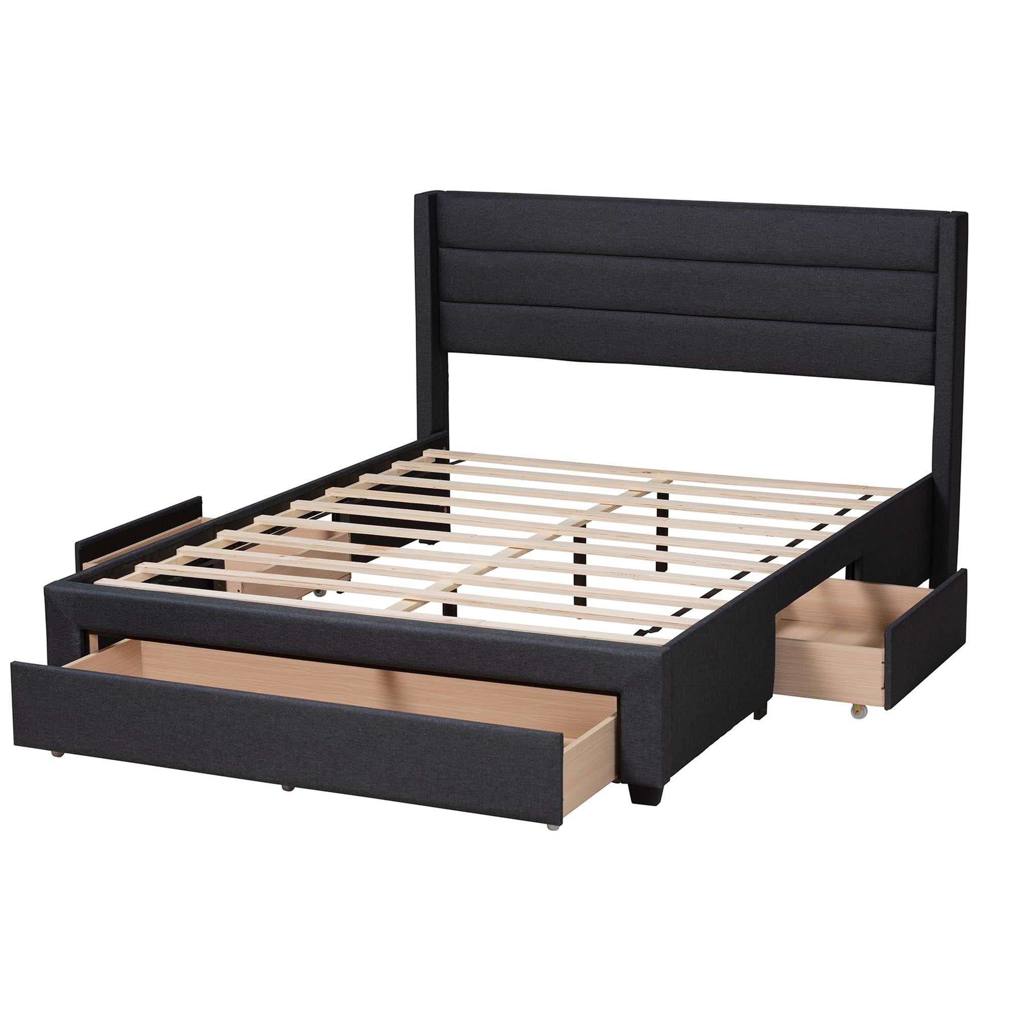 Braylon Mid-Century Modern Transitional Charcoal Grey Fabric and Dark Brown Finished Wood Queen Size 3-Drawer Storage Platform Bed