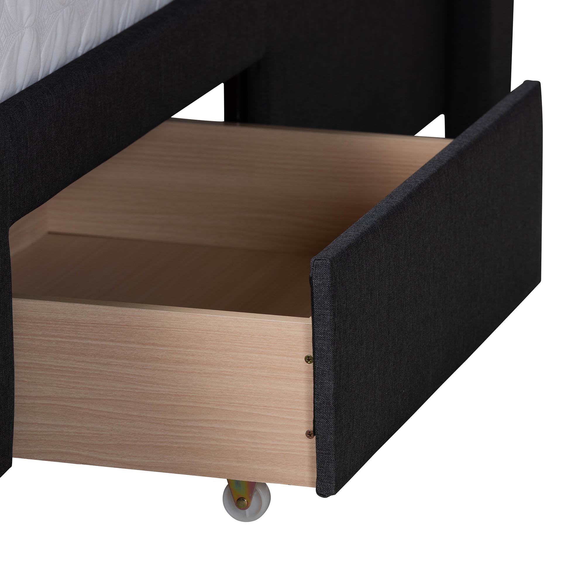Braylon Mid-Century Modern Transitional Charcoal Grey Fabric and Dark Brown Finished Wood Queen Size 3-Drawer Storage Platform Bed