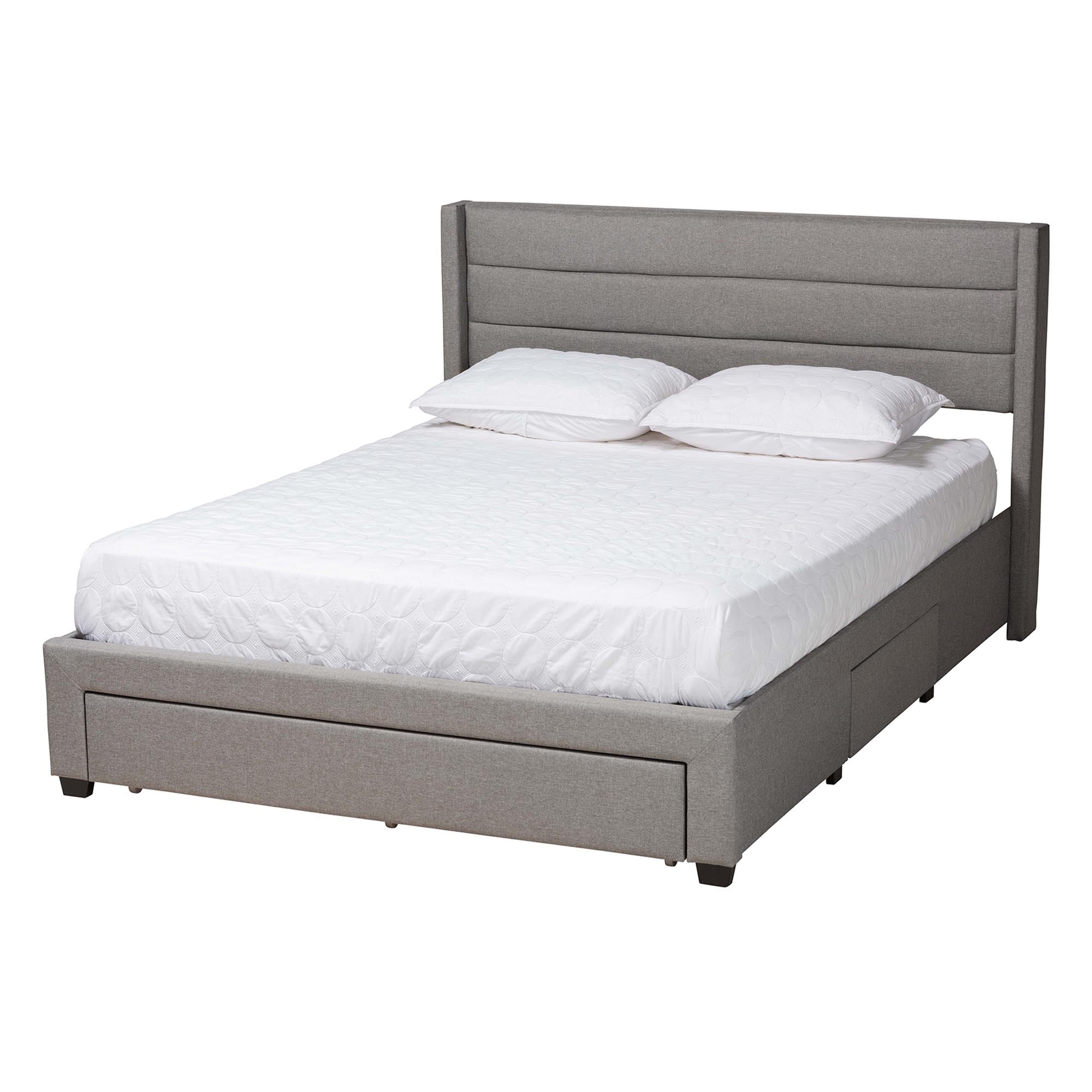 Braylon Mid-Century Modern Transitional Light Grey Fabric and Dark Brown Finished Wood Queen Size 3-Drawer Storage Platform Bed