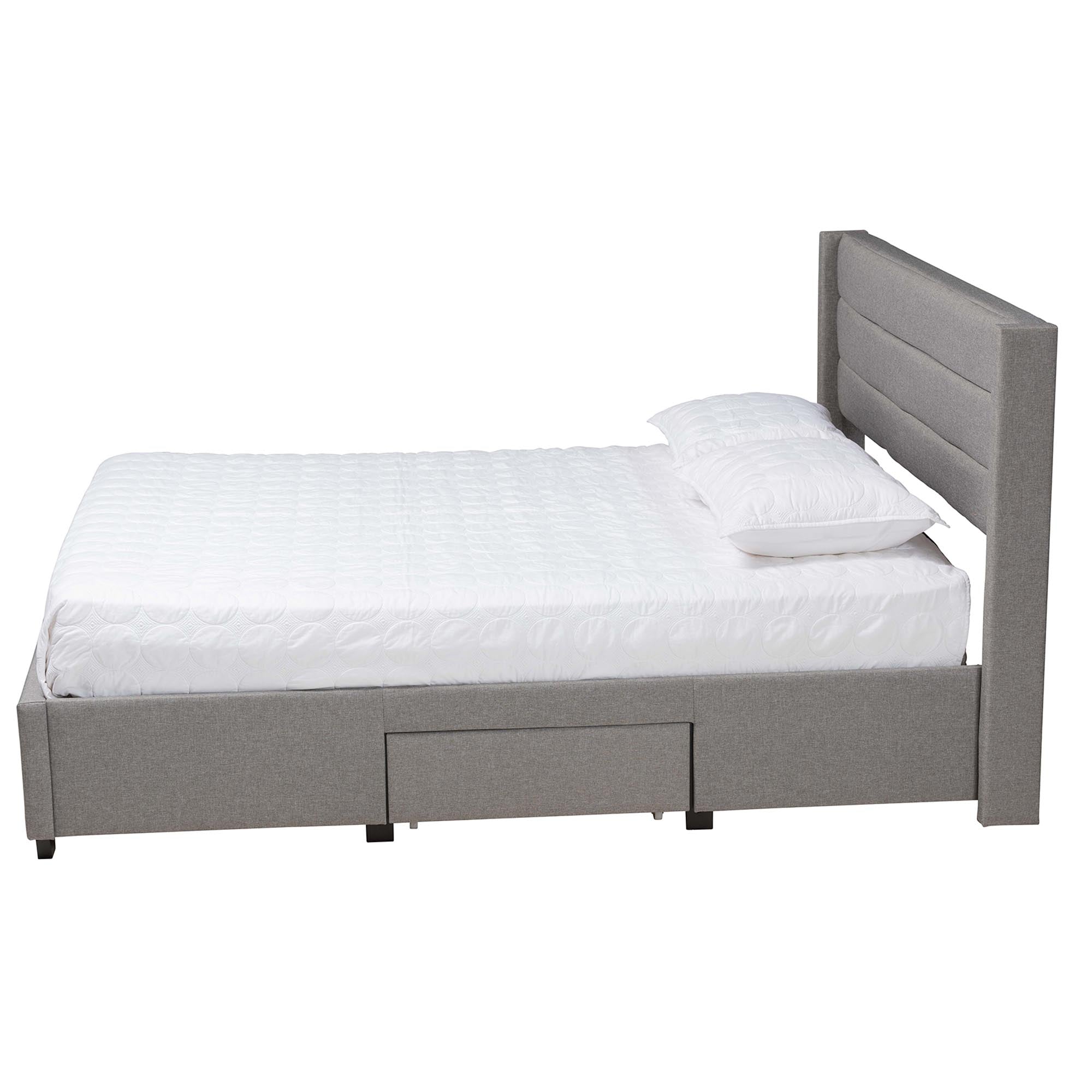 Braylon Mid-Century Modern Transitional Light Grey Fabric and Dark Brown Finished Wood Queen Size 3-Drawer Storage Platform Bed