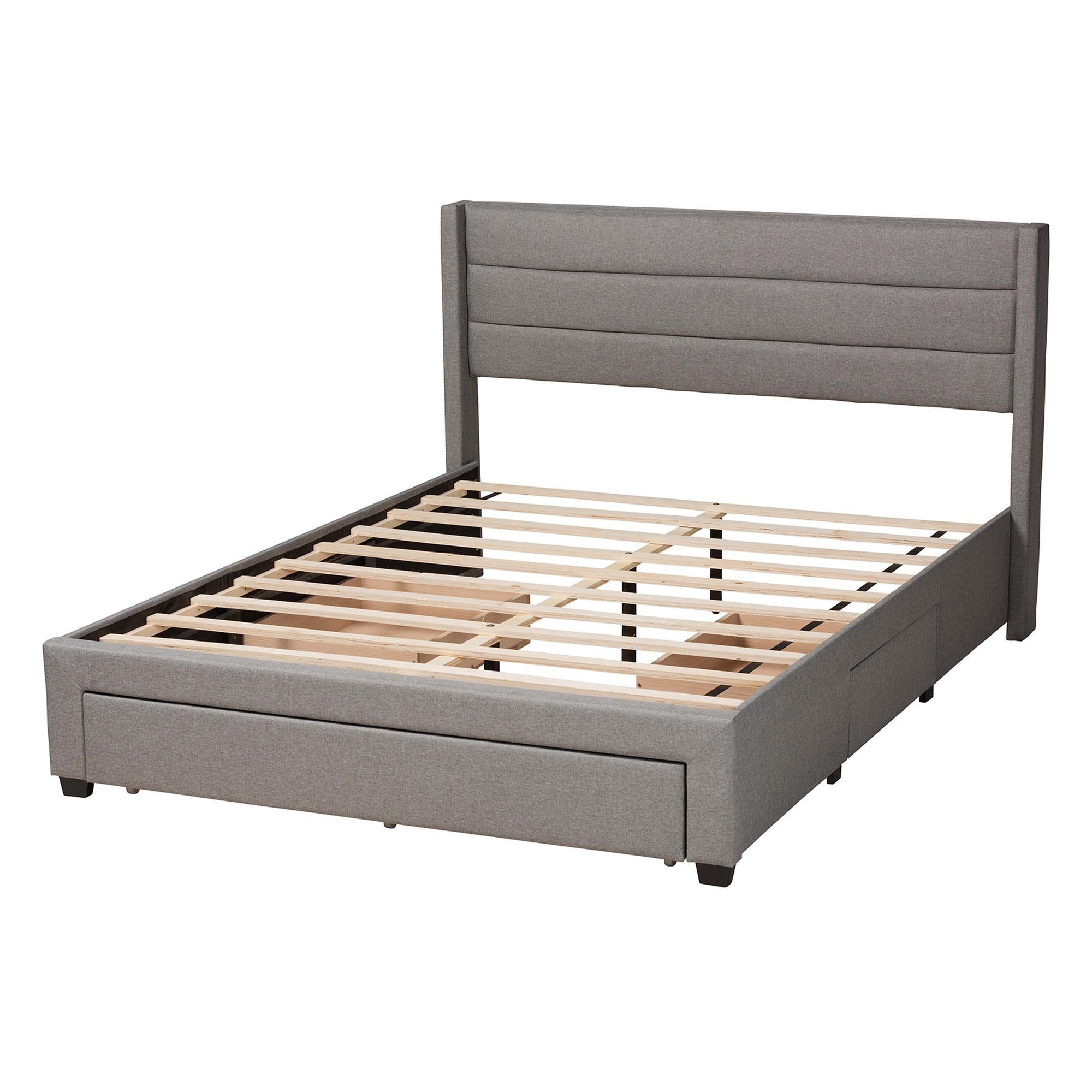 Braylon Mid-Century Modern Transitional Light Grey Fabric and Dark Brown Finished Wood Queen Size 3-Drawer Storage Platform Bed