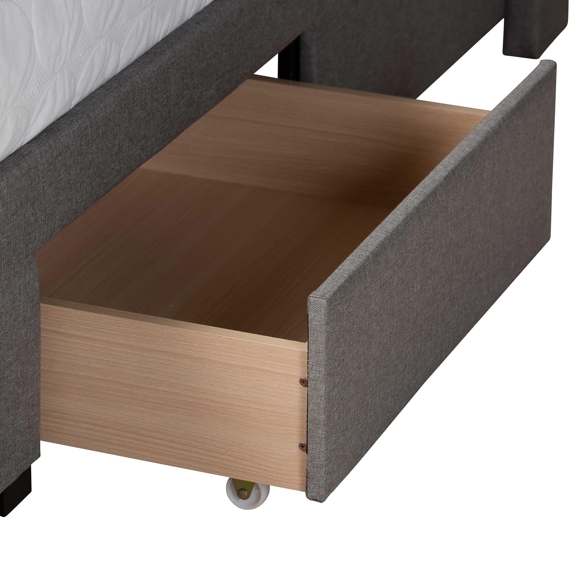 Braylon Mid-Century Modern Transitional Light Grey Fabric and Dark Brown Finished Wood Queen Size 3-Drawer Storage Platform Bed