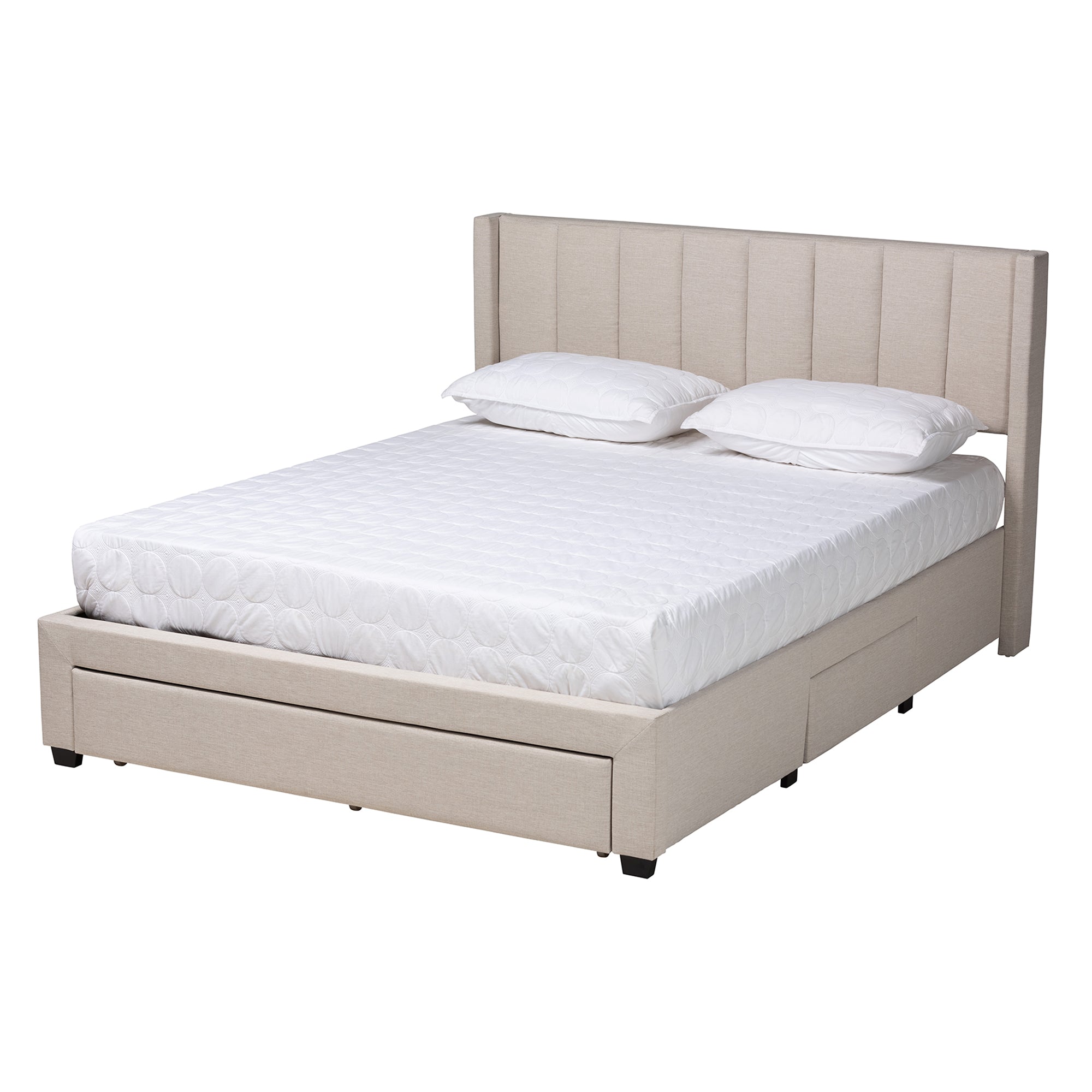 Frigga Full Size Mid-Century Bed – Beige Fabric with Storage Drawers