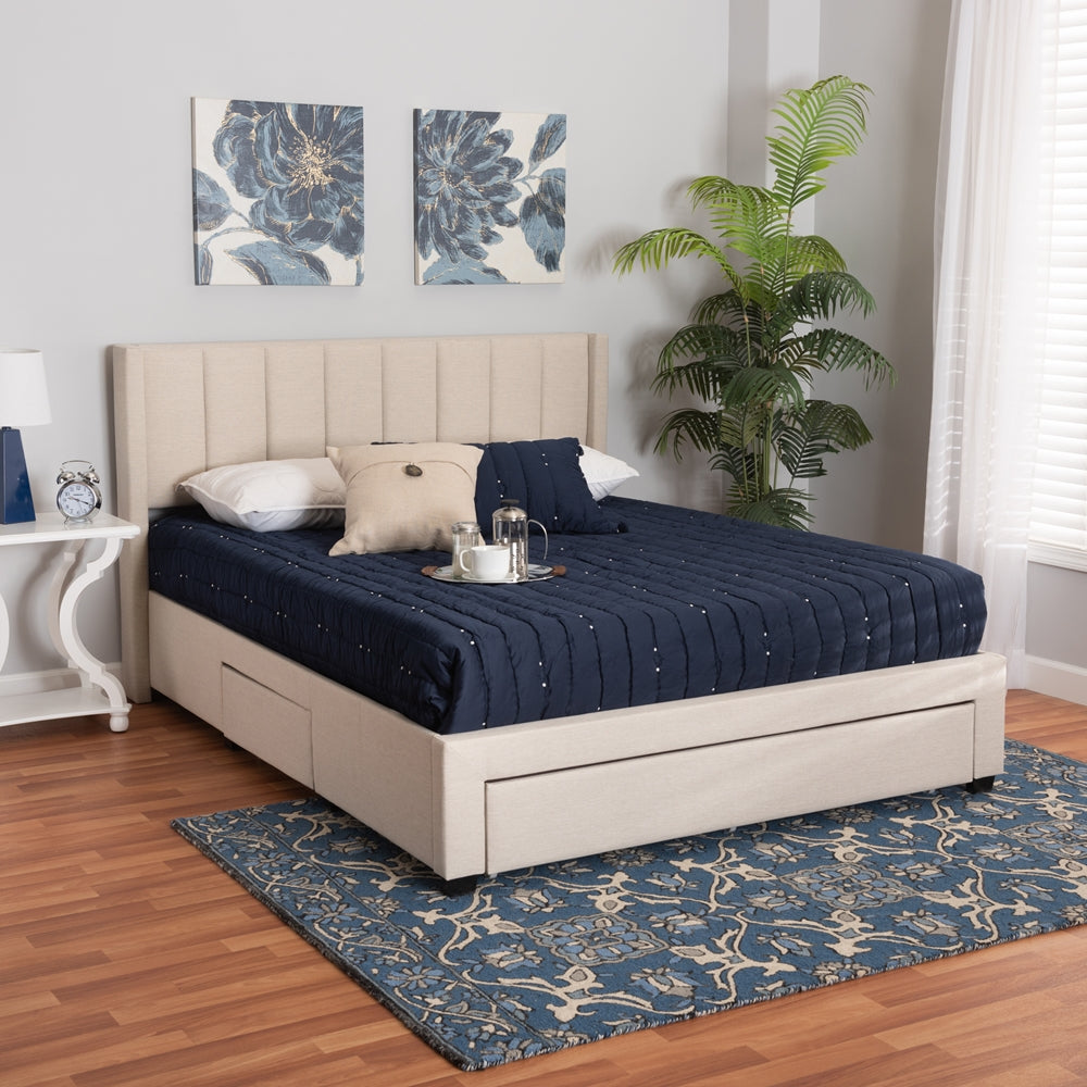 Frigga Full Size Mid-Century Bed – Beige Fabric with Storage Drawers