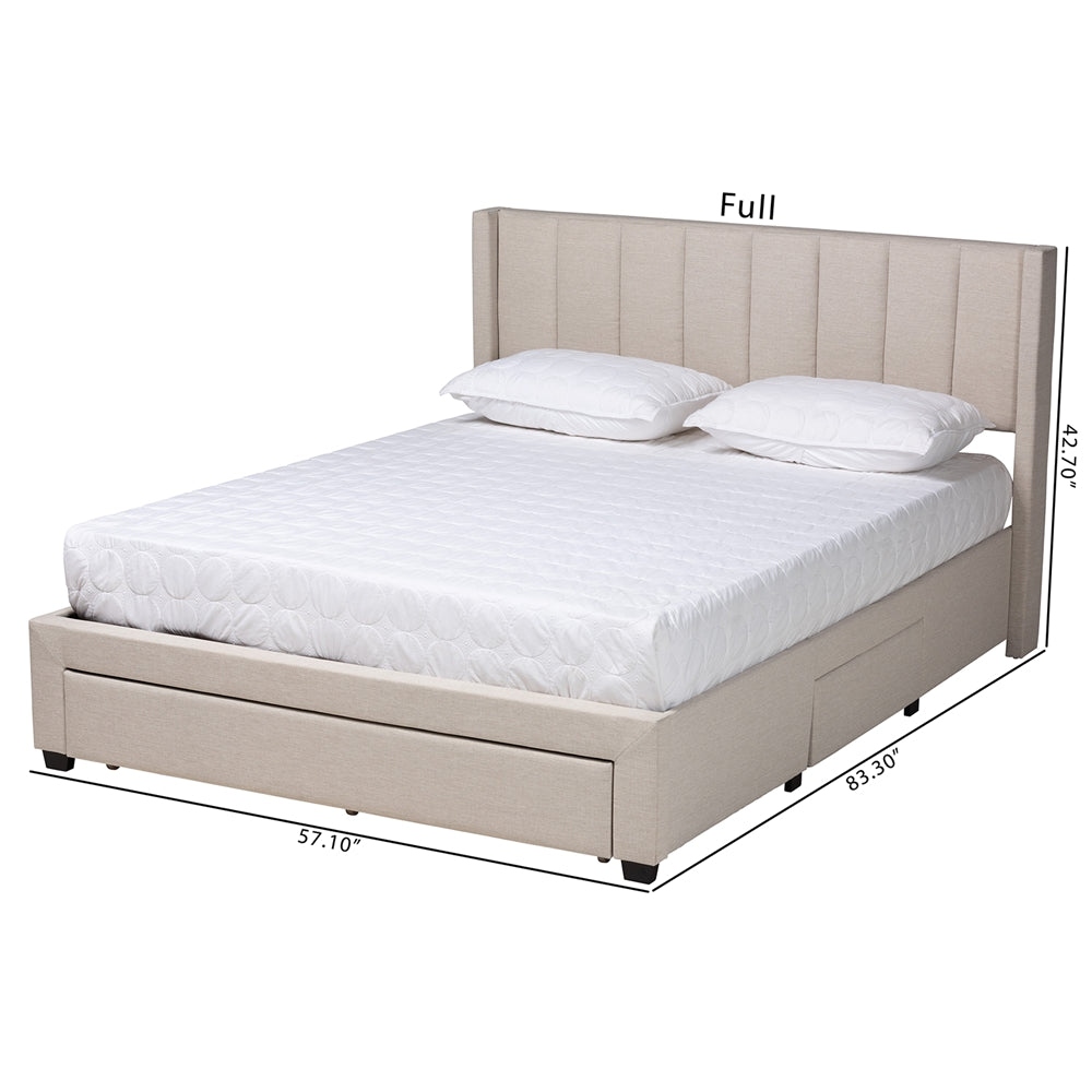 Frigga Full Size Mid-Century Bed – Beige Fabric with Storage Drawers