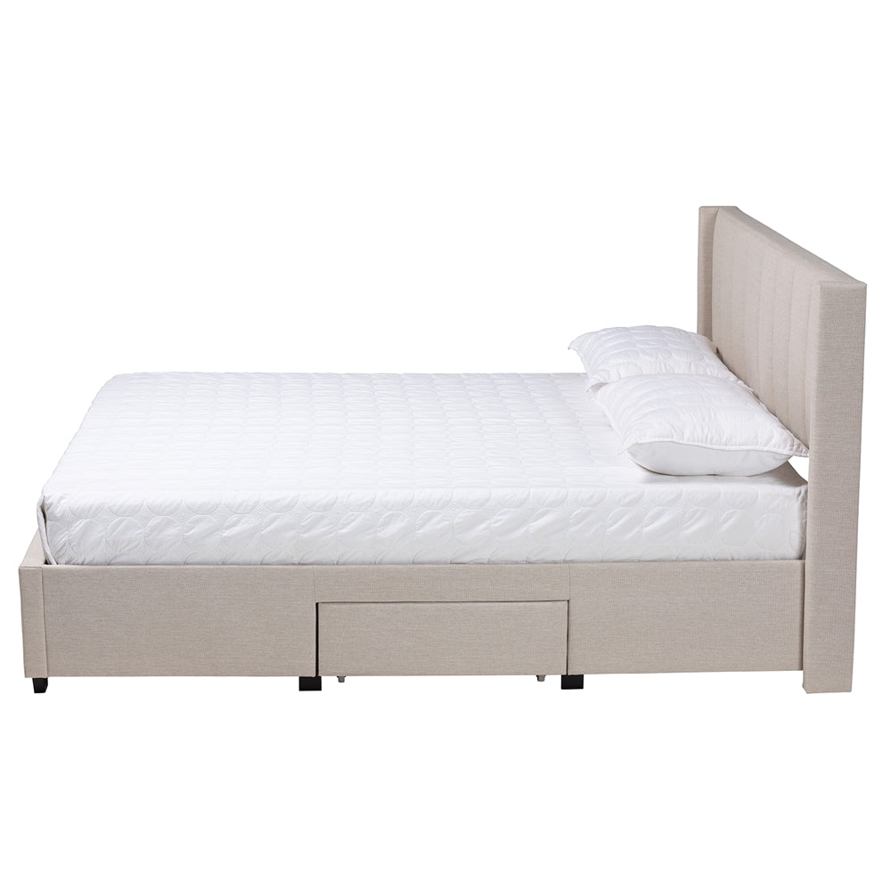 Frigga Full Size Mid-Century Bed – Beige Fabric with Storage Drawers