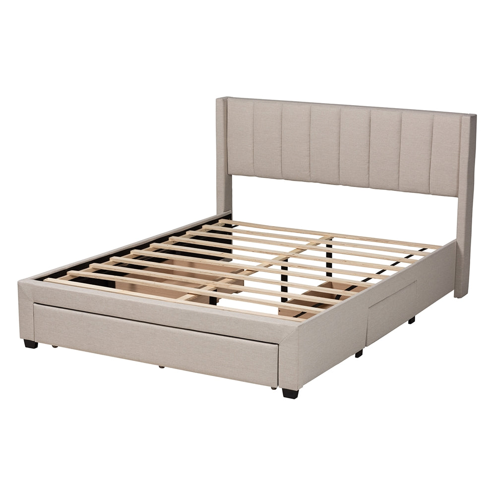 Frigga Full Size Mid-Century Bed – Beige Fabric with Storage Drawers