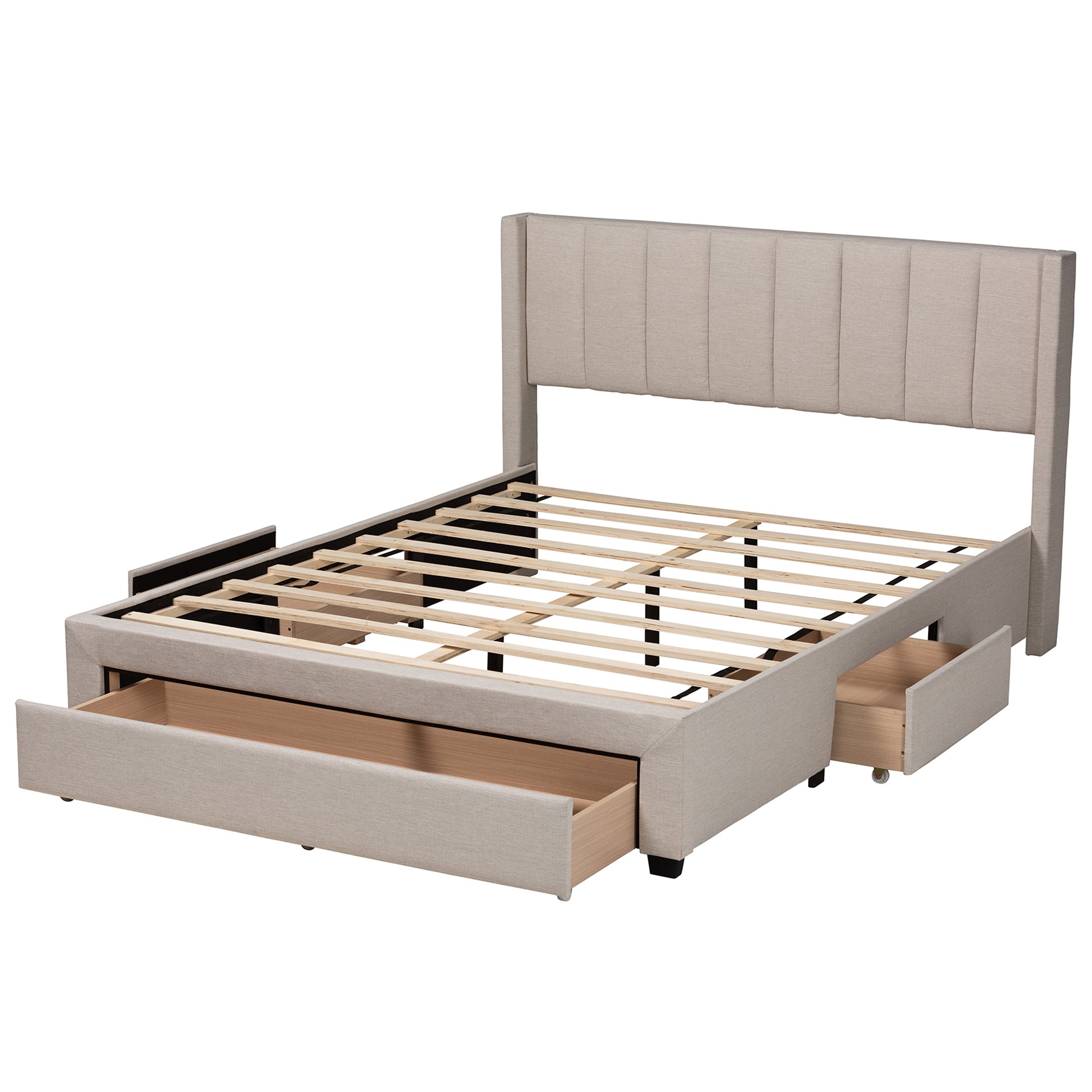 Frigga Full Size Mid-Century Bed – Beige Fabric with Storage Drawers