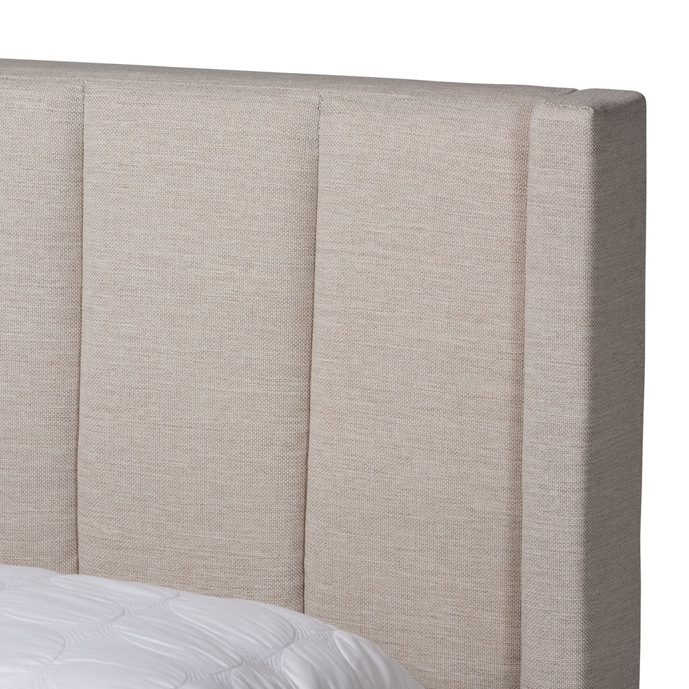 Frigga Full Size Mid-Century Bed – Beige Fabric with Storage Drawers
