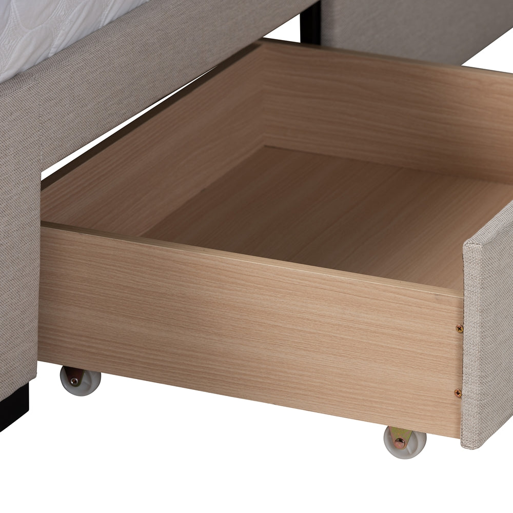 Frigga Full Size Mid-Century Bed – Beige Fabric with Storage Drawers