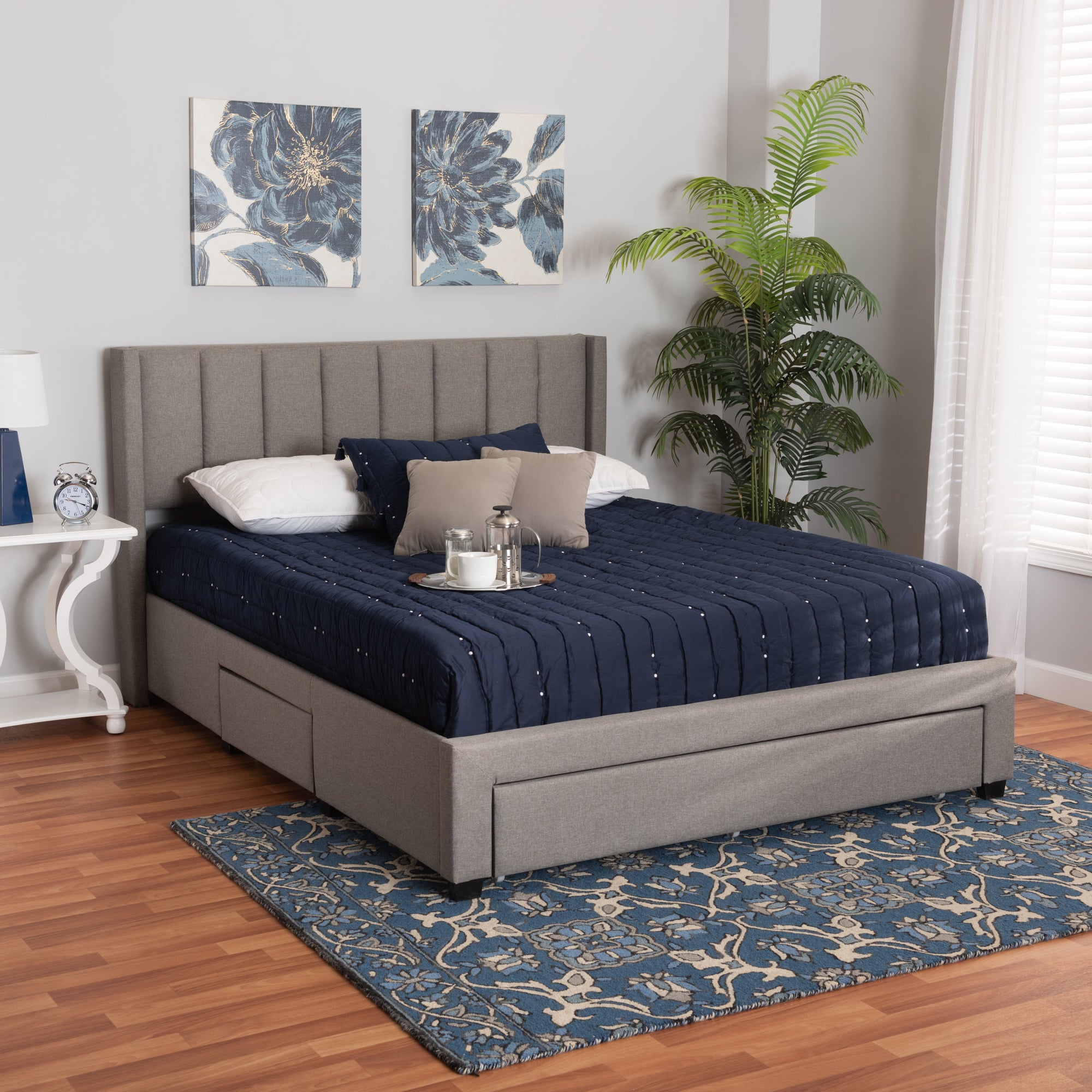 Coronado Mid-Century Modern Transitional Grey Fabric Full Size 3-Drawer Storage Platform Bed
