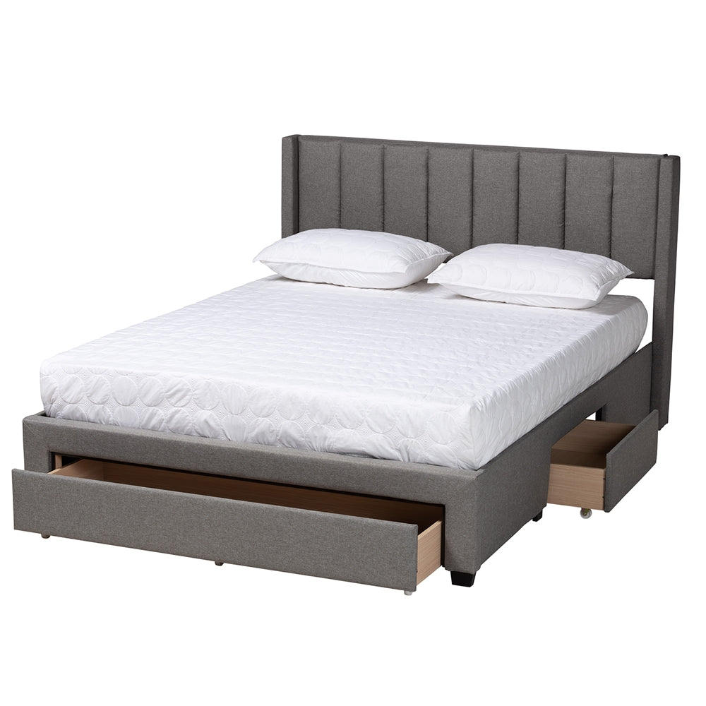 Frigga Full Size Mid-Century Bed – Beige Fabric with Storage Drawers