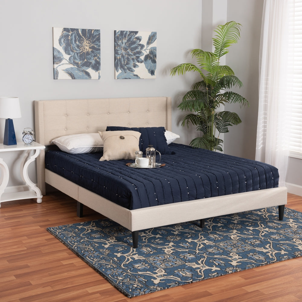 Arjun Full Beige Upholstered Platform Bed - Mid-Century Modern Transitional Wingback Style