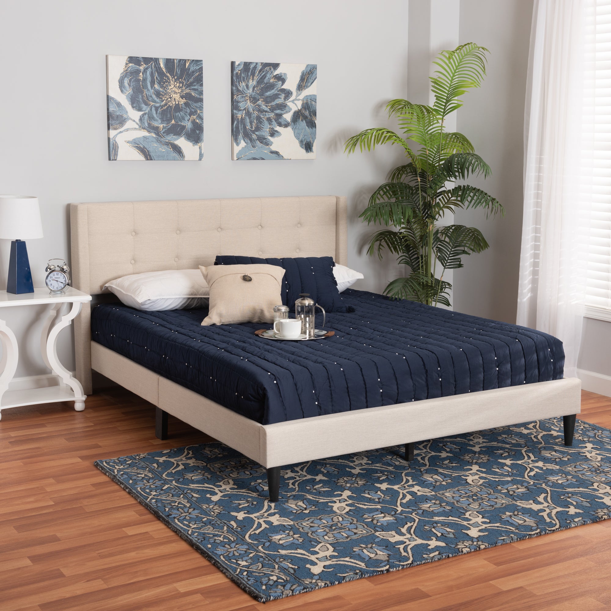 Casol Mid-Century Modern Transitional Beige Fabric Upholstered Queen Size Platform Bed