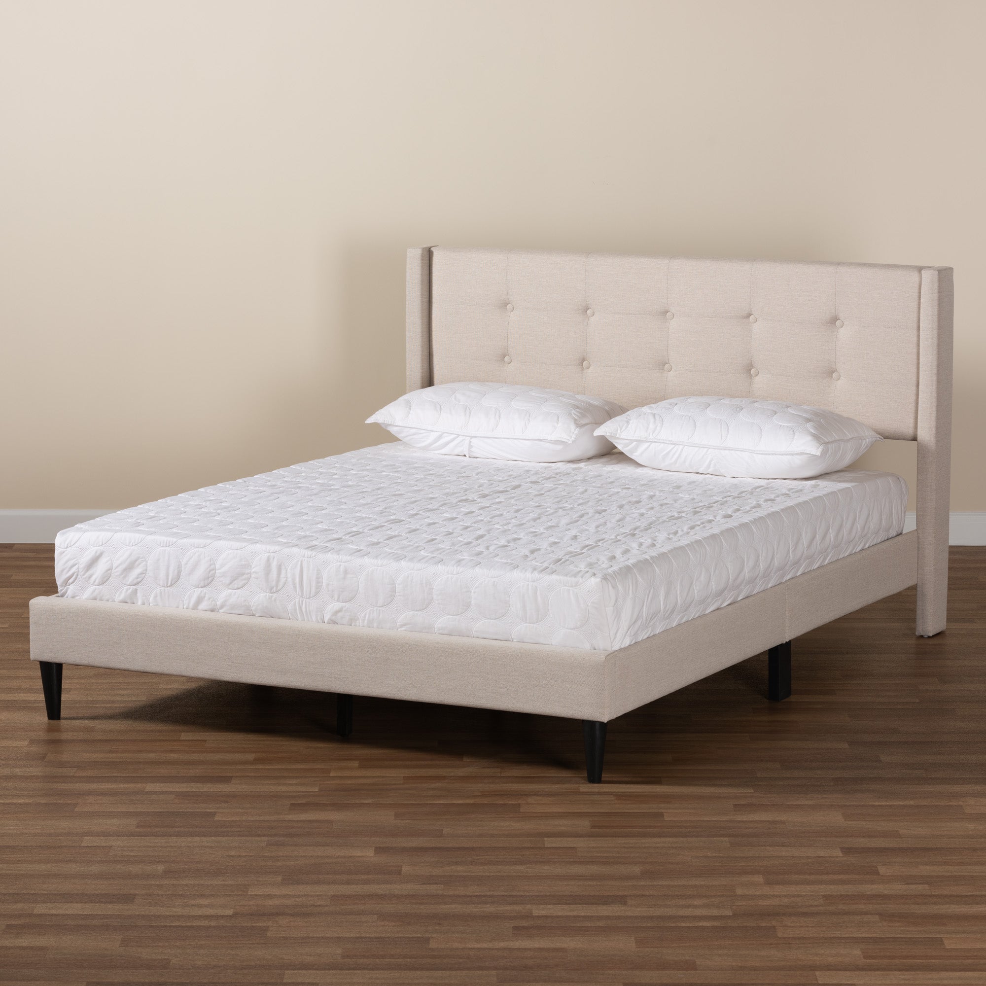 Casol Mid-Century Modern Transitional Beige Fabric Upholstered Queen Size Platform Bed