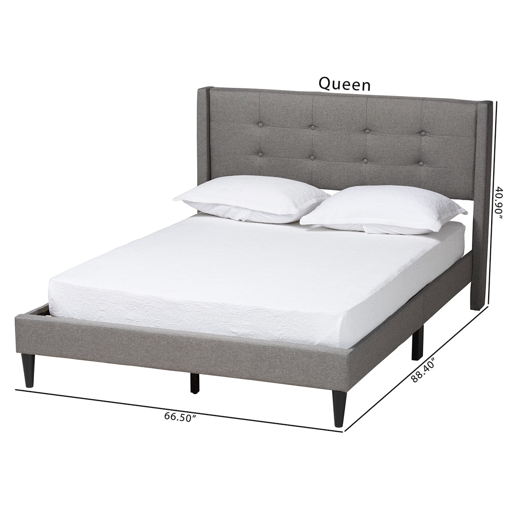 Barney Queen Mid-Century Platform Bed – Grey Fabric Upholstered with Wood Slats