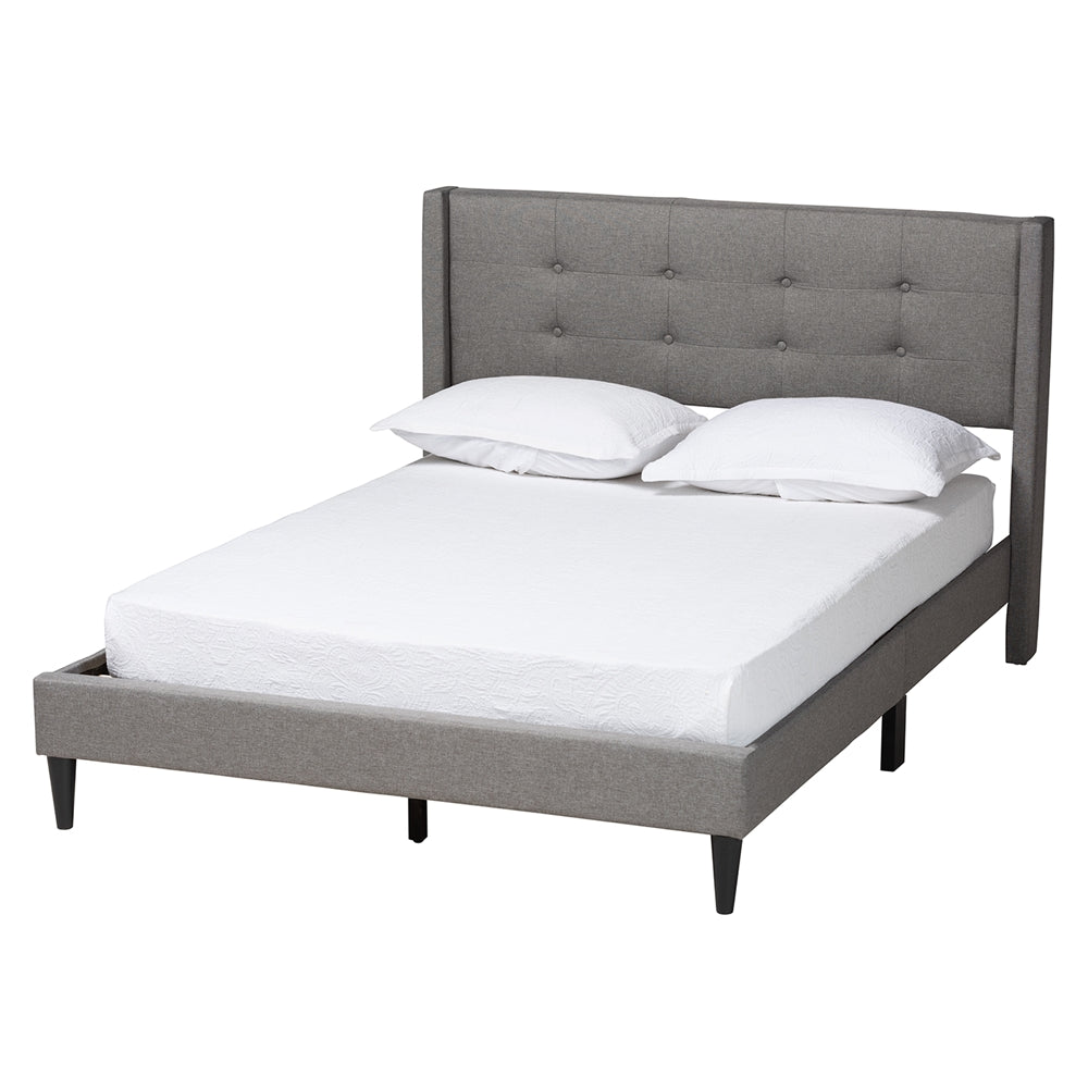 Barney Queen Mid-Century Platform Bed – Grey Fabric Upholstered with Wood Slats