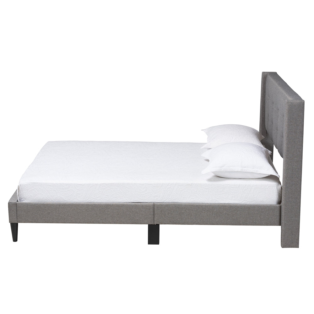 Barney Queen Mid-Century Platform Bed – Grey Fabric Upholstered with Wood Slats