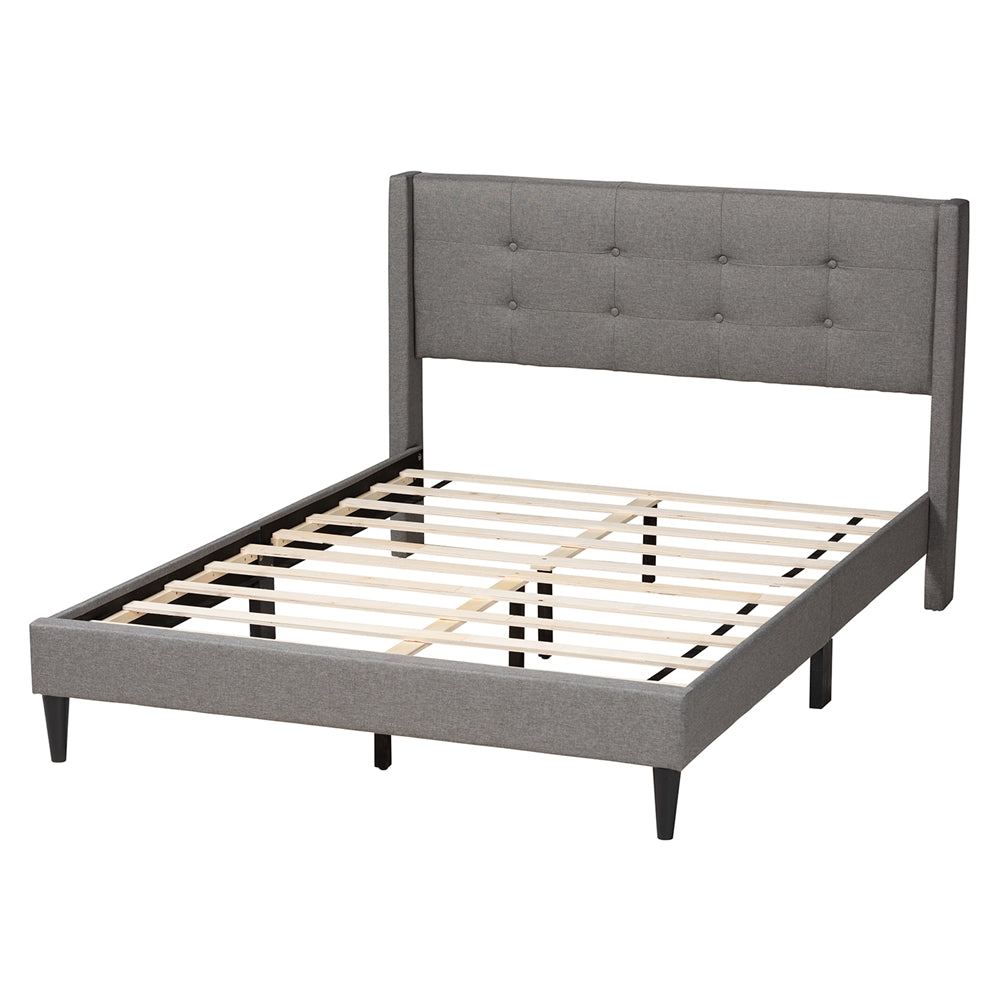 Barney Queen Mid-Century Platform Bed – Grey Fabric Upholstered with Wood Slats