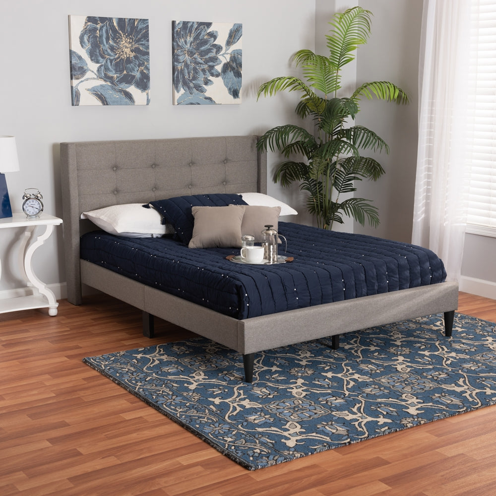 Barney Queen Mid-Century Platform Bed – Grey Fabric Upholstered with Wood Slats
