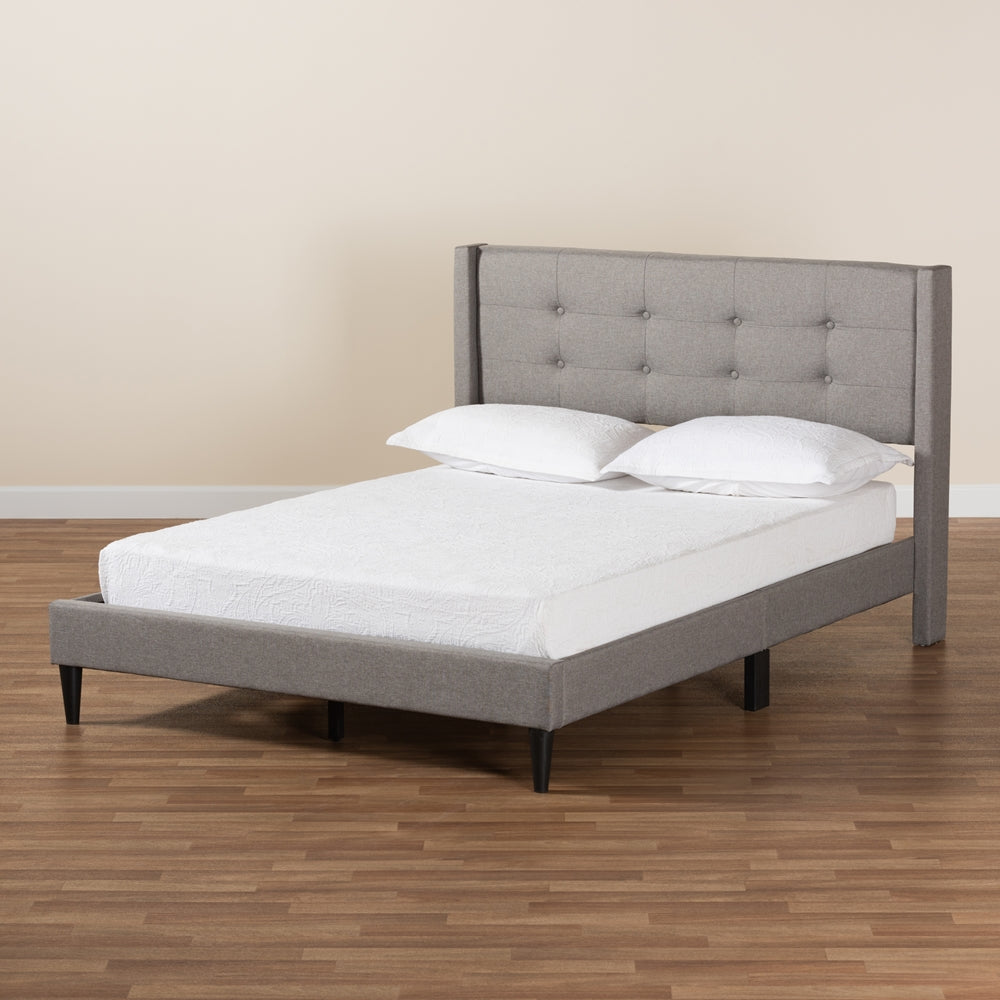 Barney Queen Mid-Century Platform Bed – Grey Fabric Upholstered with Wood Slats