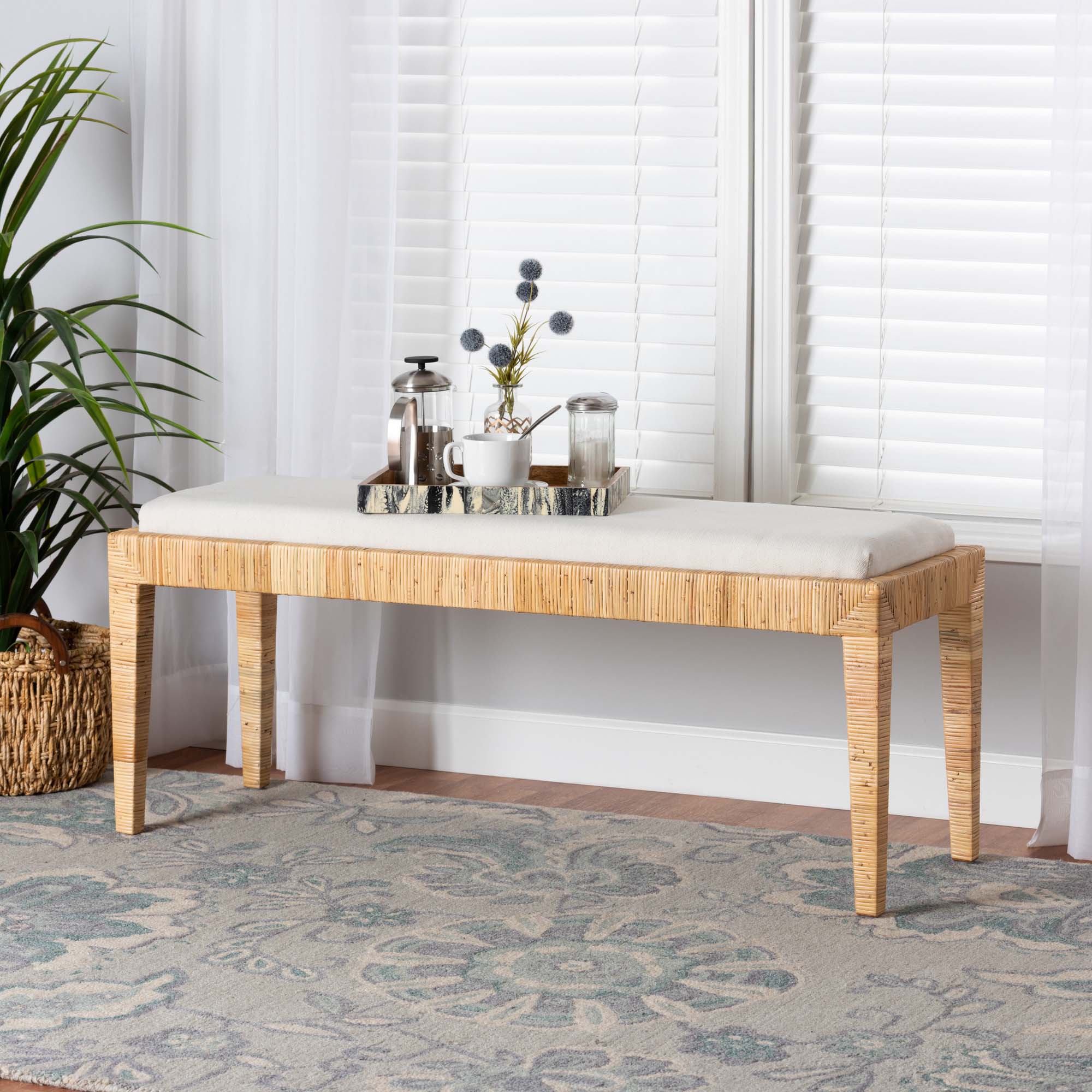 Sofia Modern Bohemian Natural Brown Rattan and Mahogany Wood Bench