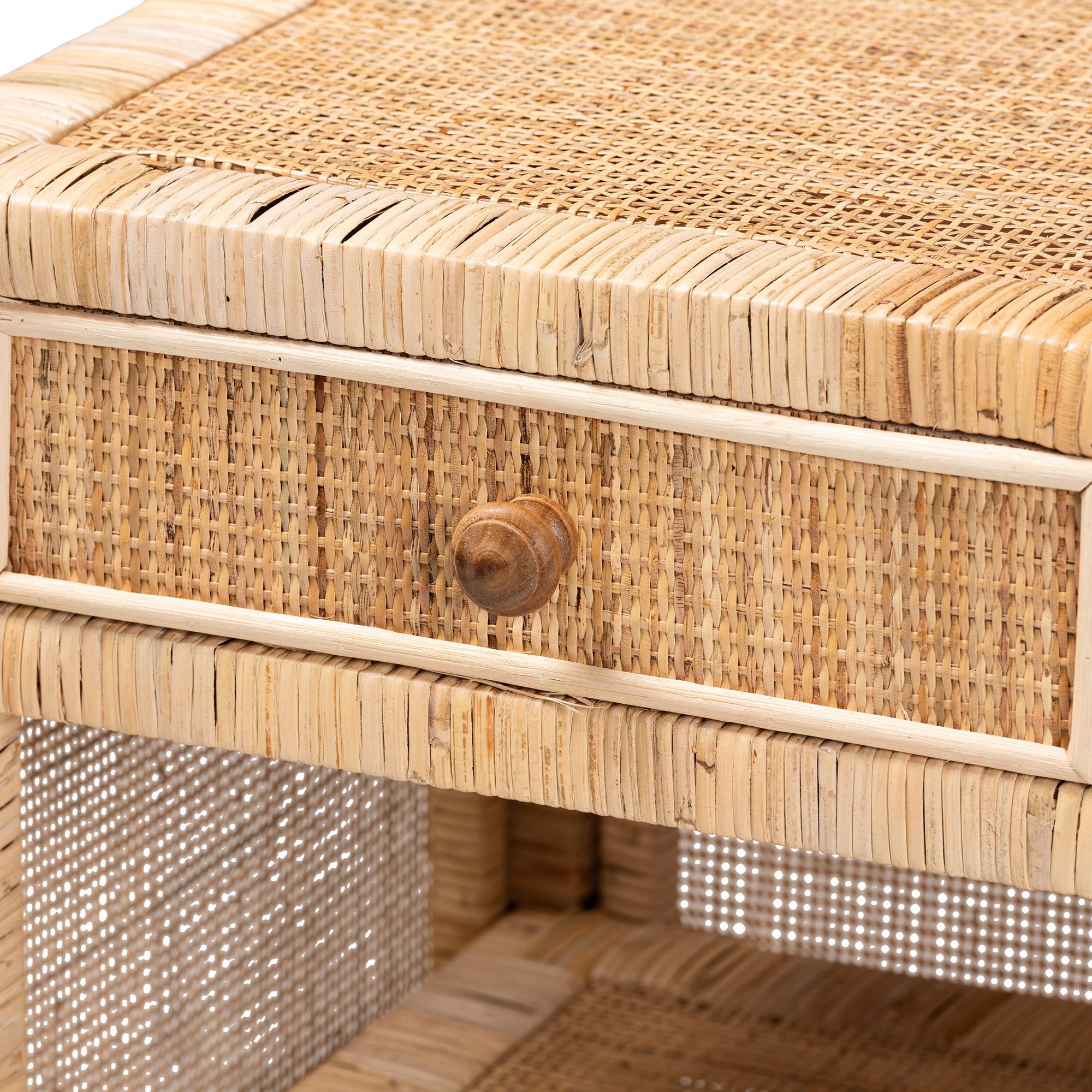 Bella Modern Bohemian Natural Brown Mahogany Wood and Natural Rattan 1-Drawer Nightstand